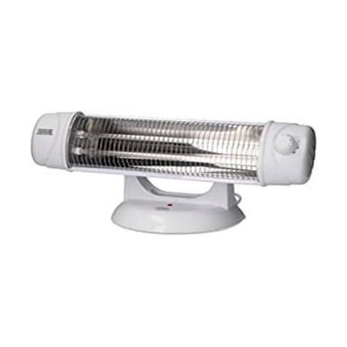 Un calefactor eléctrico blanco con un elemento calefactor horizontal y una base redondeada.