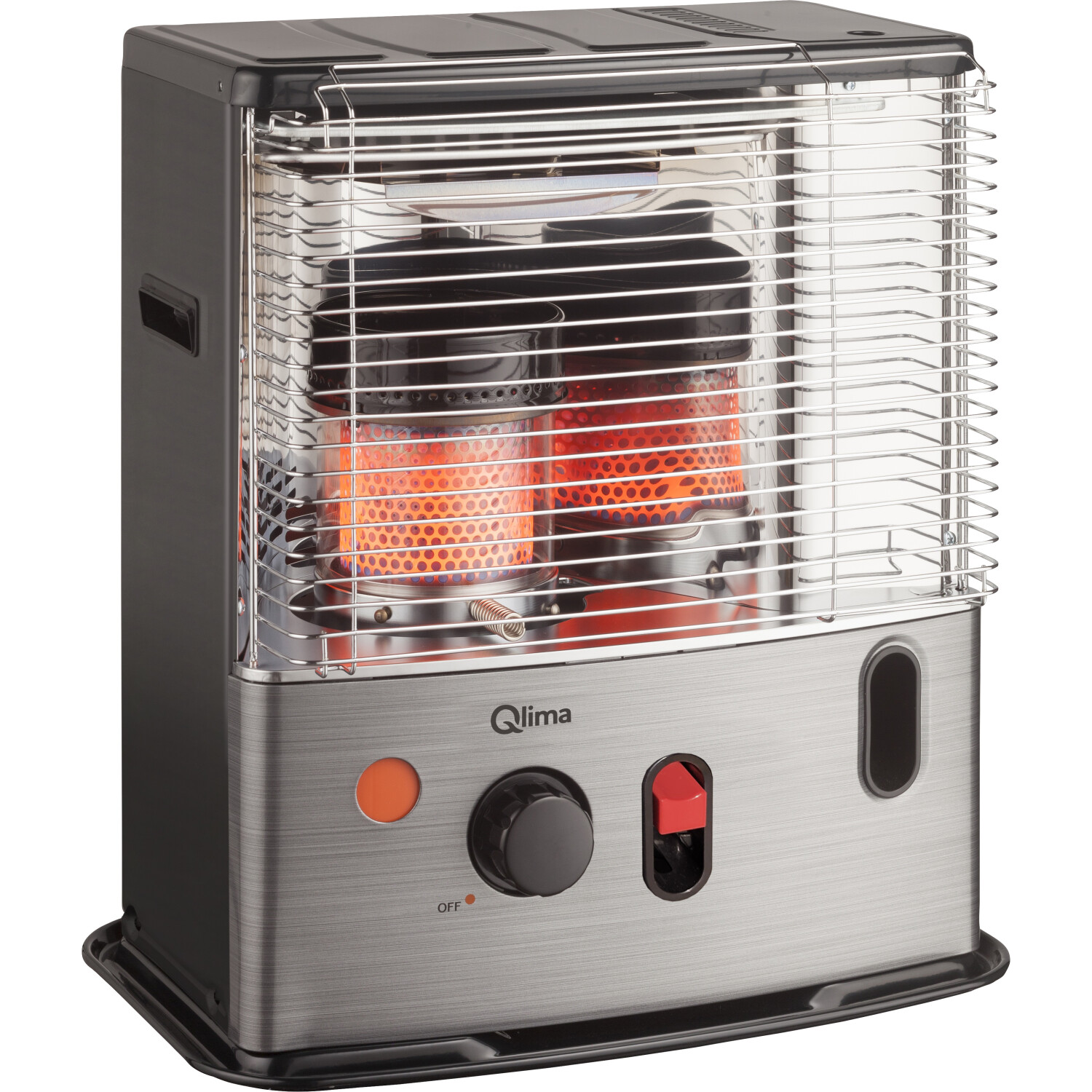 Un calefactor de queroseno Qlima, plateado y negro, con rejilla de seguridad y panel de control.