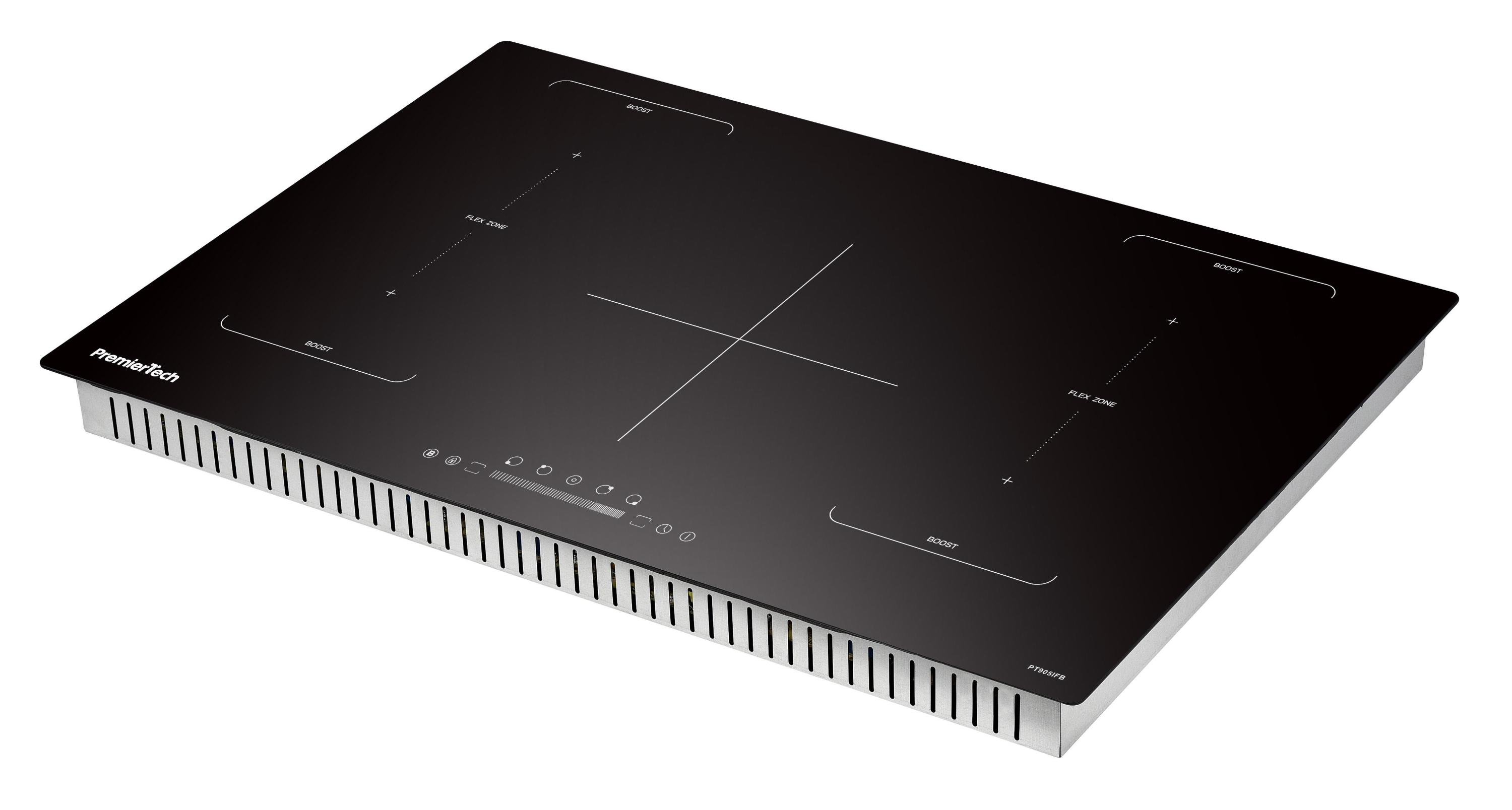 Piano cottura a induzione nero con quattro zone cottura e marchio PremierTech.