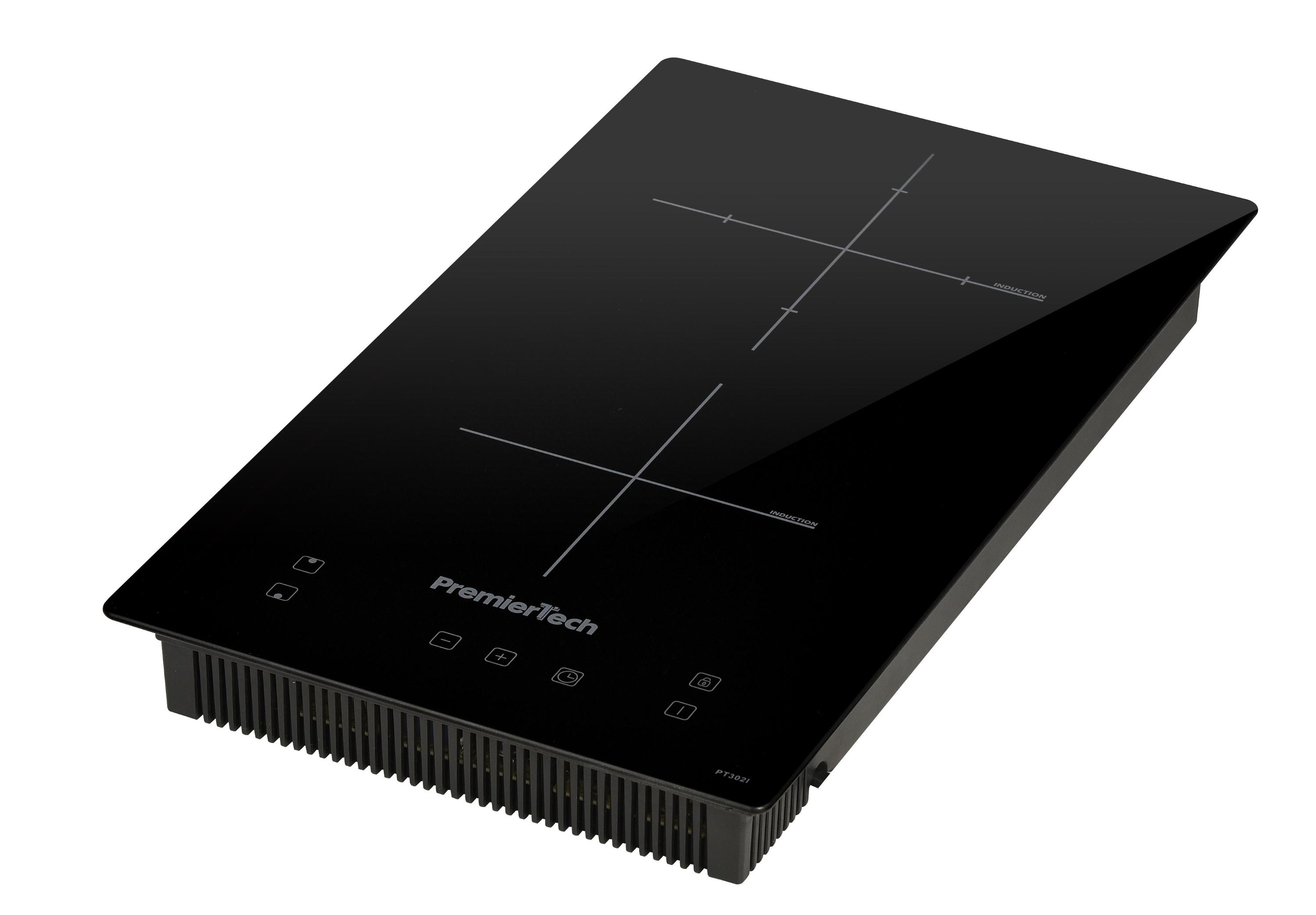 Piano cottura a induzione nero PremierTech con due zone cottura, comandi touch e base nera.