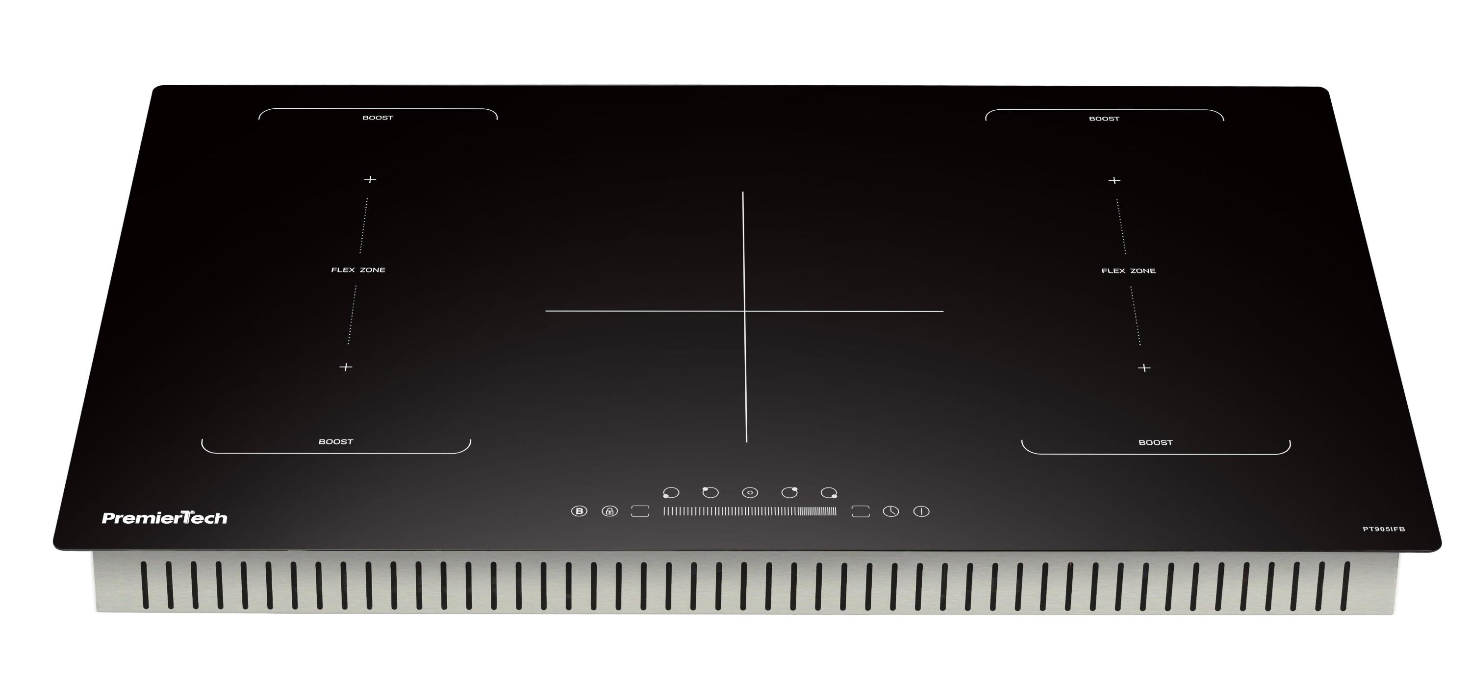 Piano cottura a induzione nero. Quattro zone cottura, zone flex e pulsanti di controllo. Marchio PremierTech.