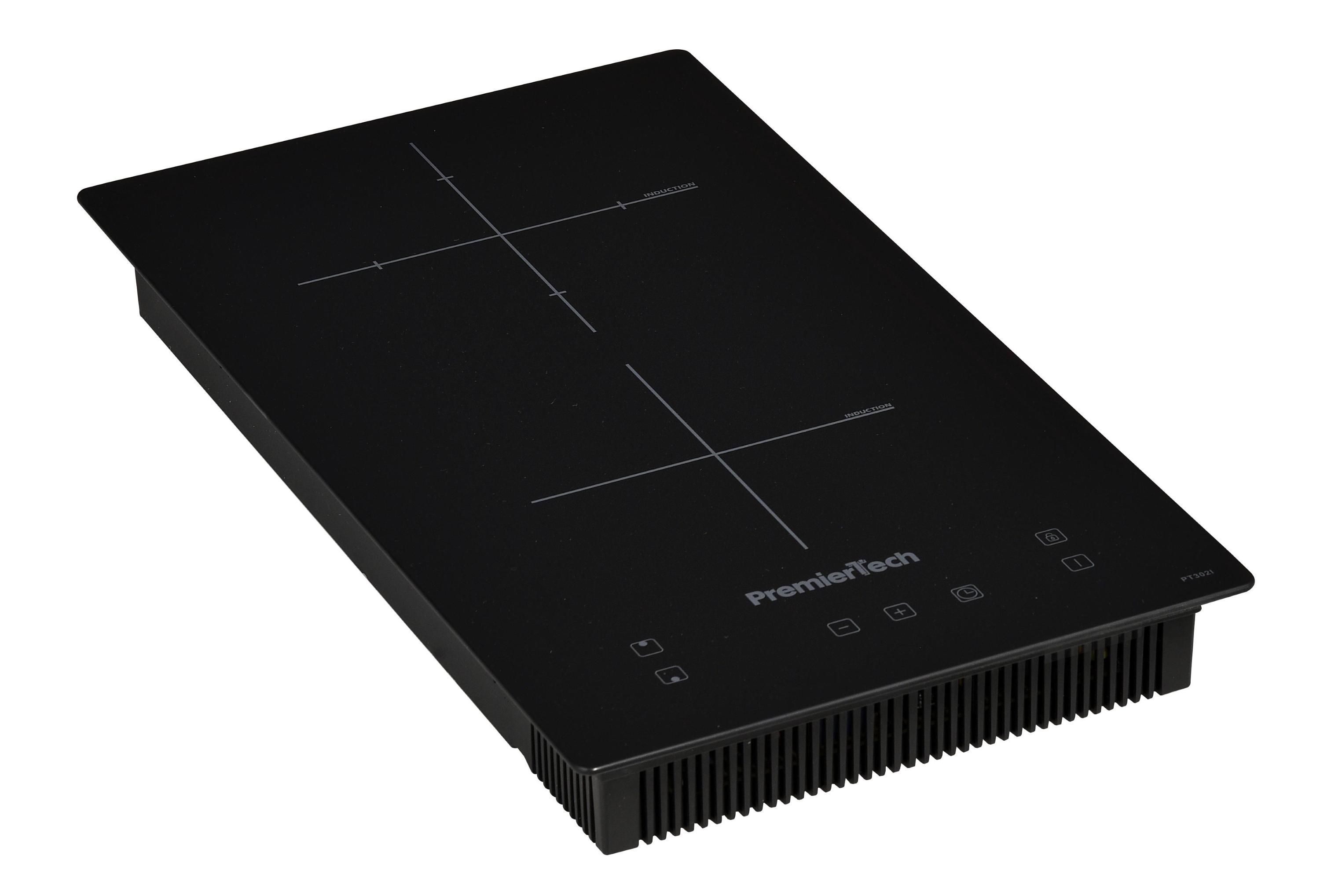 Piano cottura a induzione nero PremierTech con quattro zone cottura su sfondo bianco.