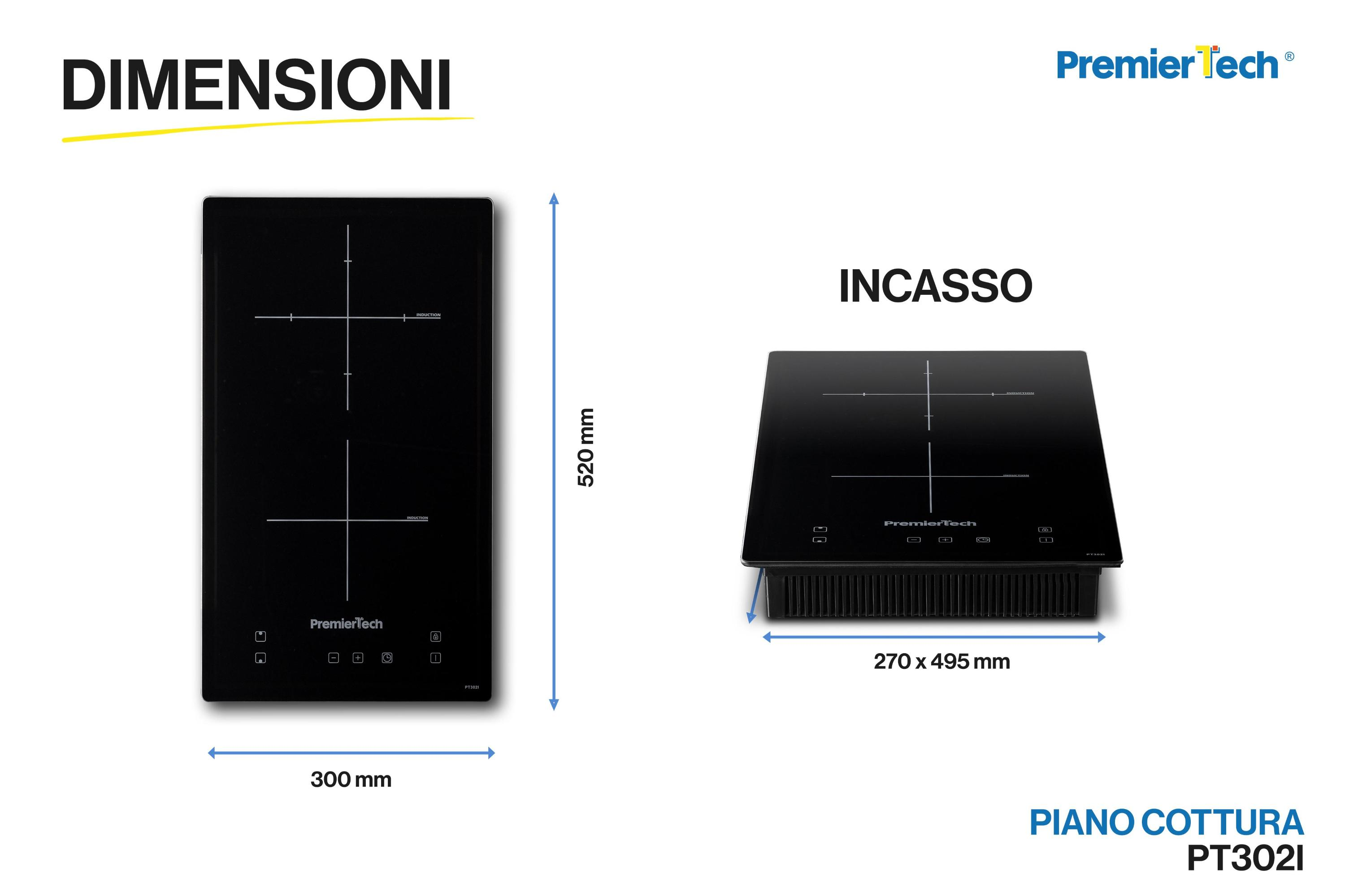Piano cottura PremierTech nero con dimensioni su sfondo bianco.