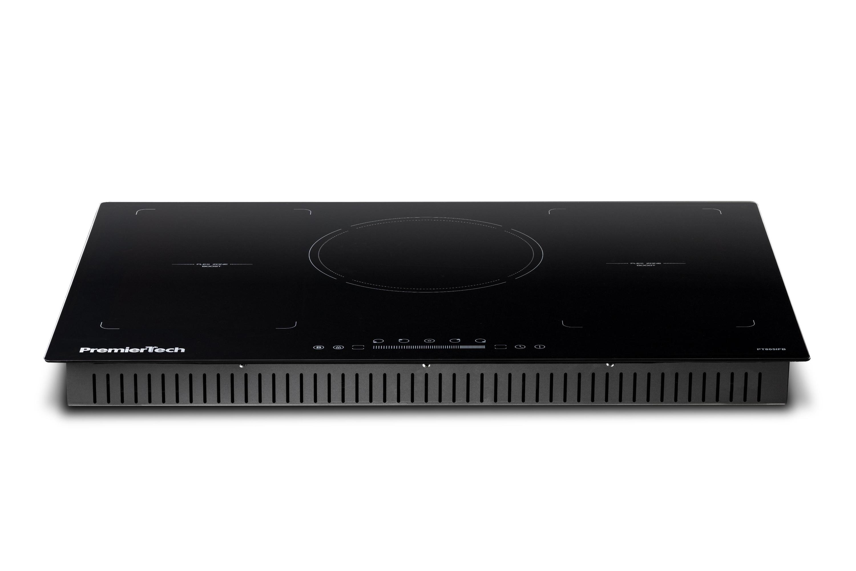 Piano cottura elettrico nero con due zone cottura, marchio PremierTech.