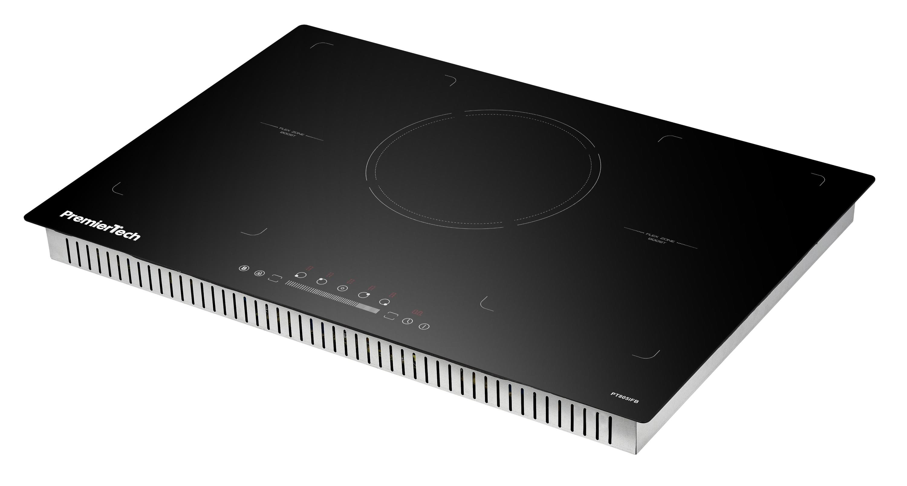 Piano cottura a induzione nero con una zona cottura circolare e marchio PremierTech.