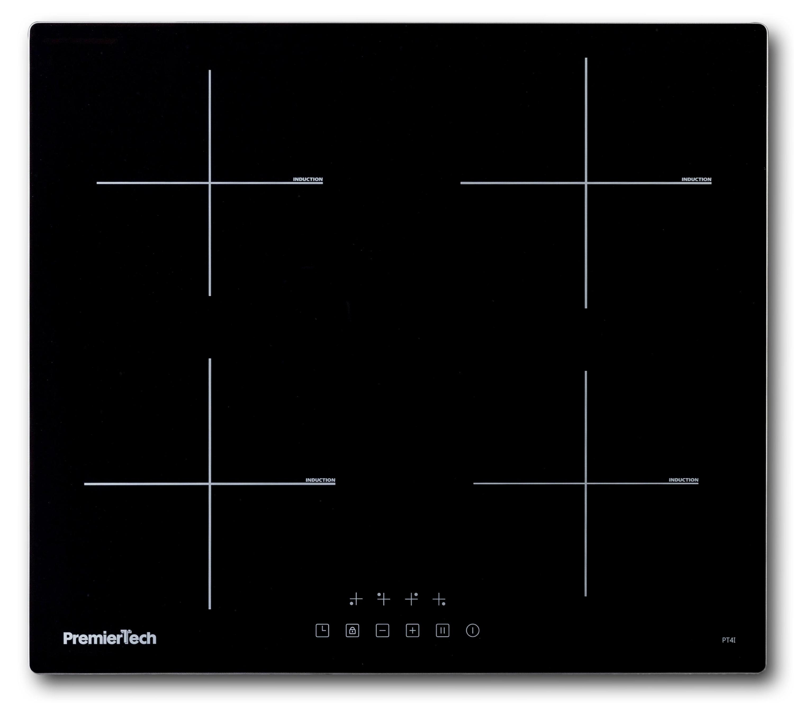 Piano cottura a induzione nero PremierTech con quattro zone di cottura a forma di croce.
