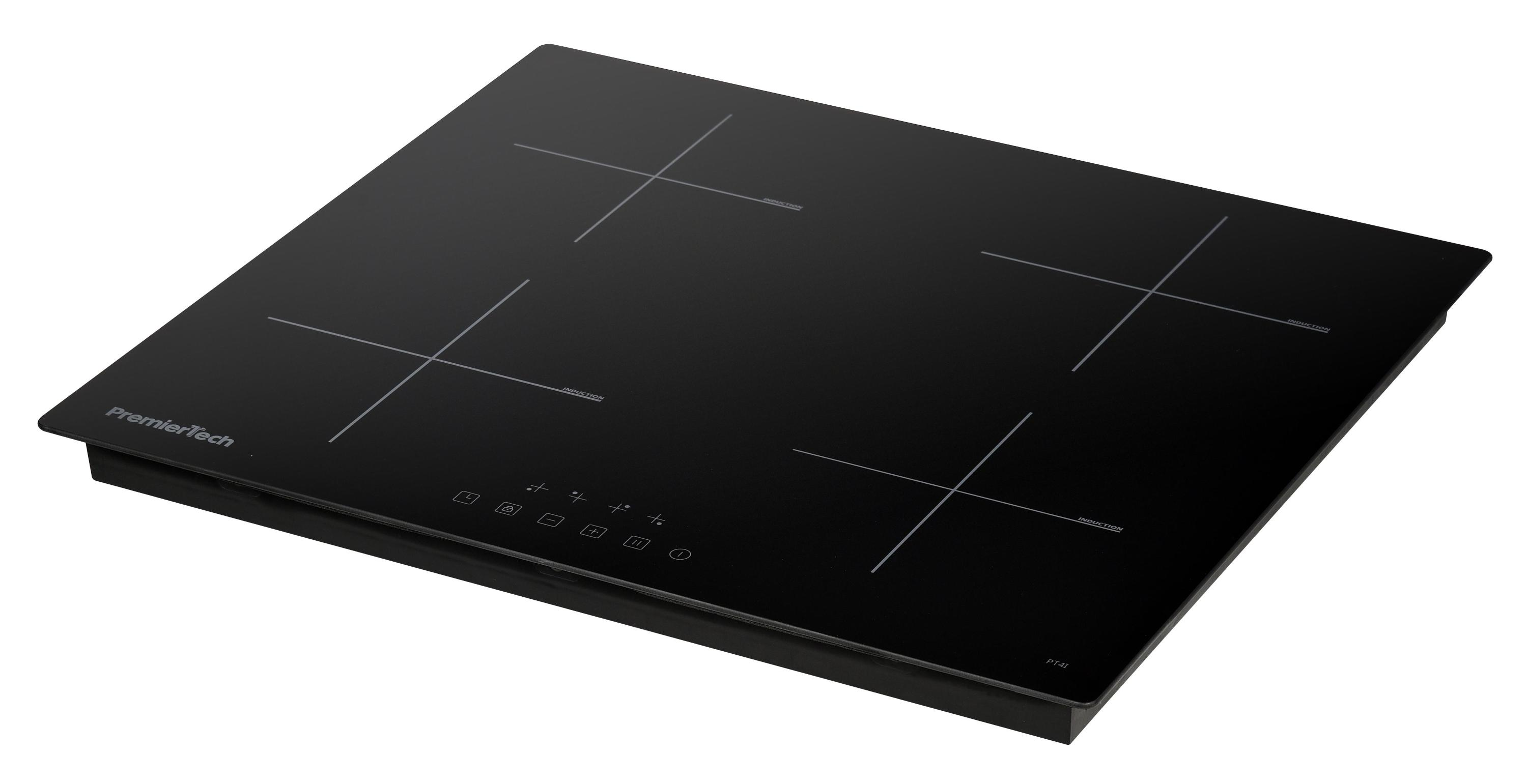 Piano cottura elettrico nero con quattro zone cottura, marchio PremierTech.