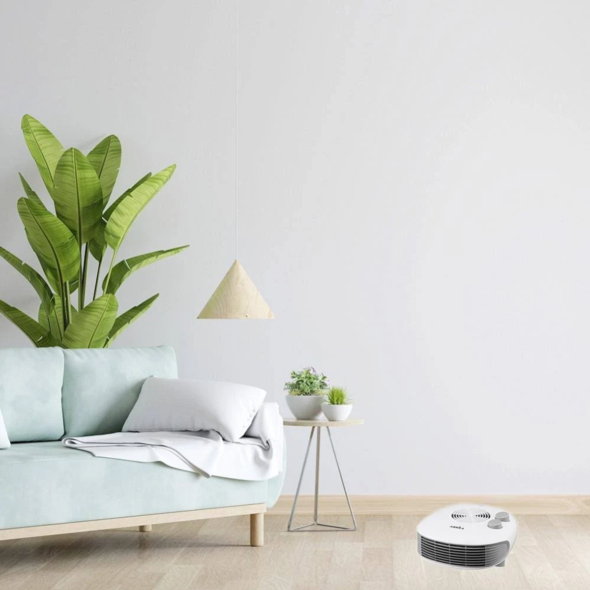 Soggiorno moderno con divano, pianta, tavolo e termoventilatore bianco su pavimento in legno.