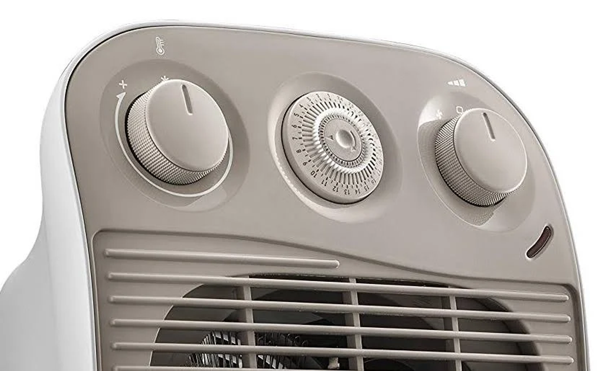 Panel sterowania grzejnika z pokrętłami i timerem.