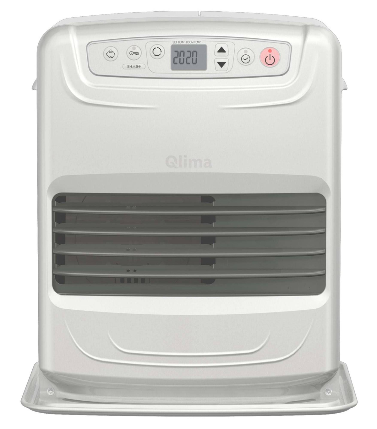 Un riscaldatore Qlima bianco con display digitale e pulsanti di controllo, su una base bianca.