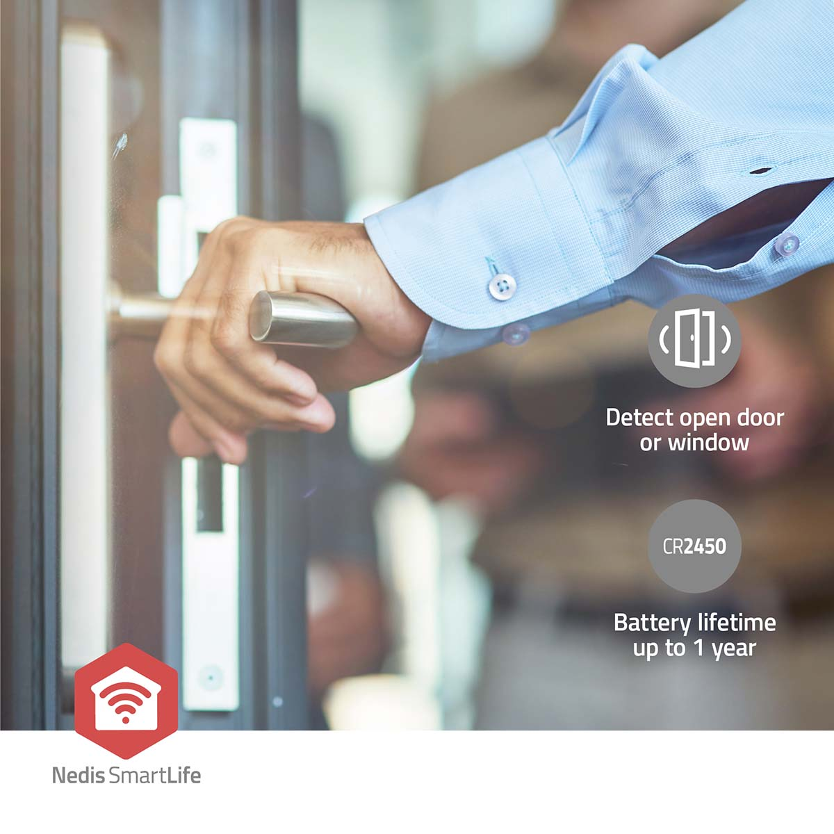 Ręka otwierająca drzwi. Tekst: wykryj otwarte drzwi lub okno. Żywotność baterii do 1 roku.