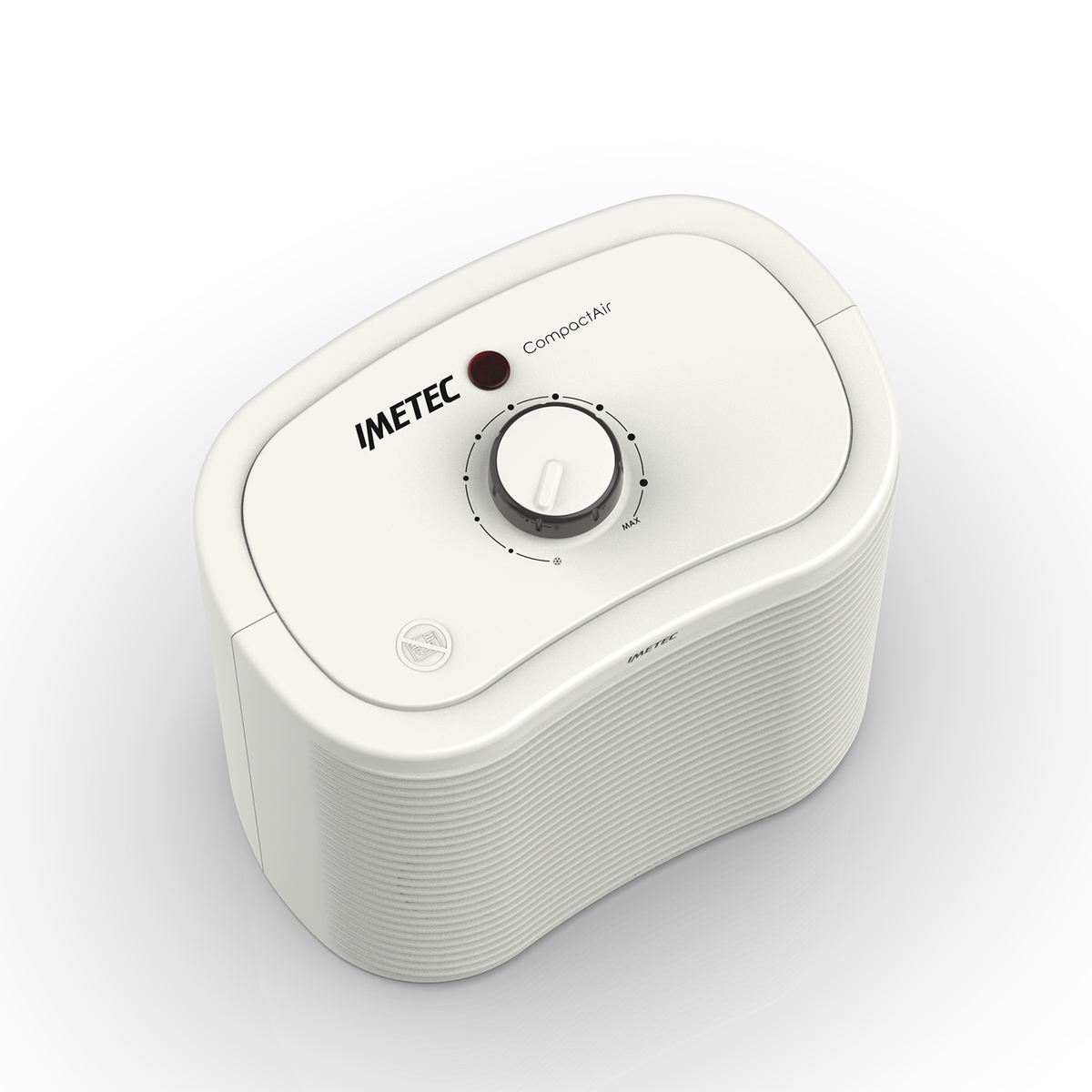 Biały oczyszczacz powietrza z pokrętłem na górze. Tekst na urządzeniu to „IMETEC” i „CompactAir”.