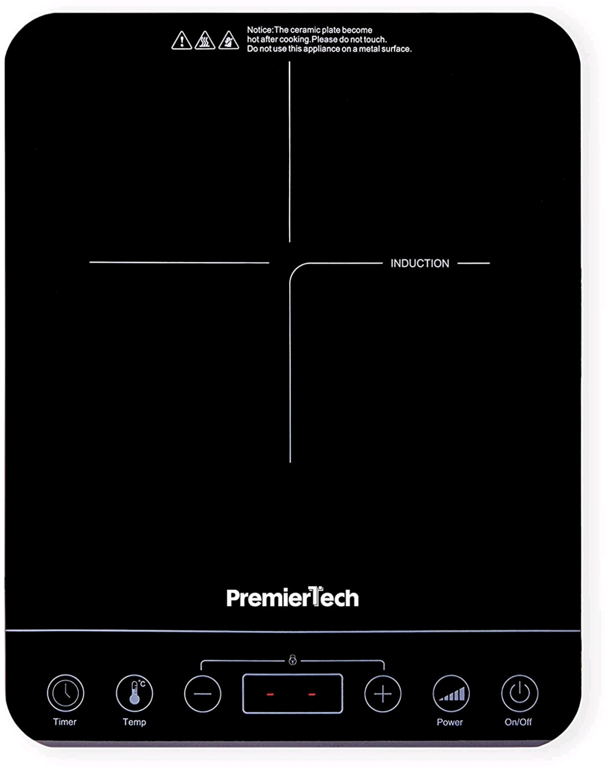 Piano cottura a induzione nero PremierTech con indicatori di zona cottura a croce bianchi e comandi touch.