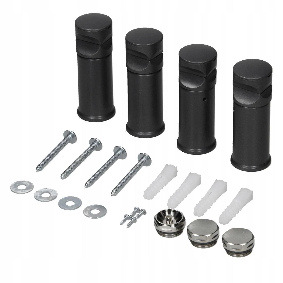 Set aus schwarzen Kappen, Schrauben und anderen Beschlägen.