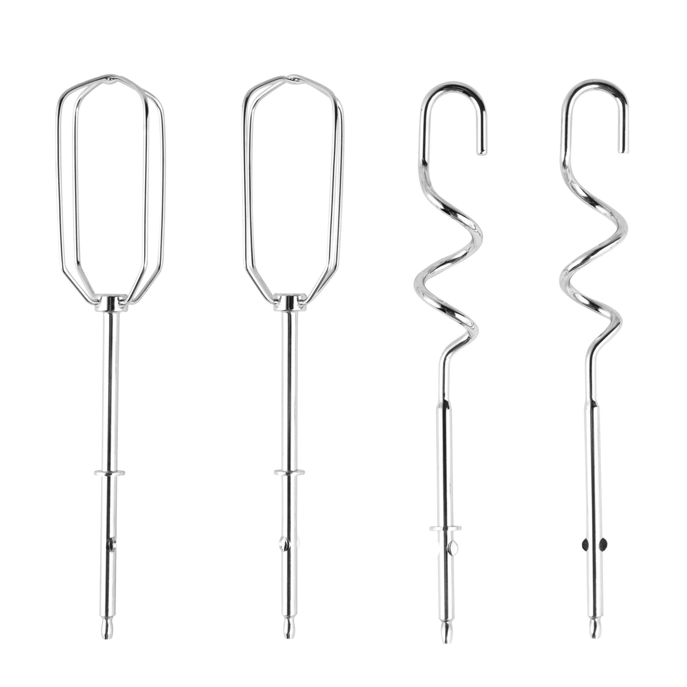 Cztery srebrne przystawki do miksera na białym tle, różne kształty.