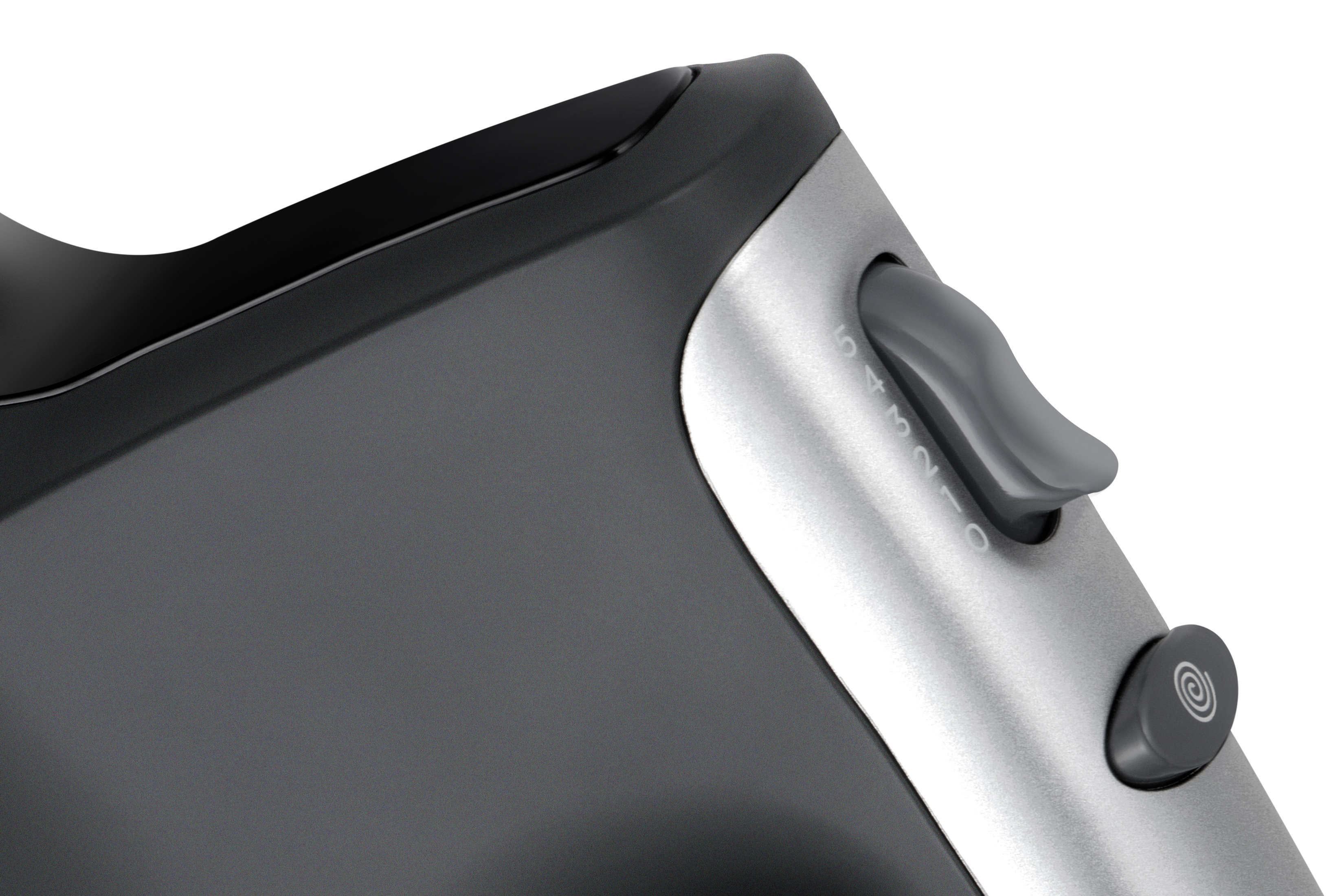 Zbliżenie szarego i srebrnego miksera ręcznego z pokrętłem regulacji prędkości.