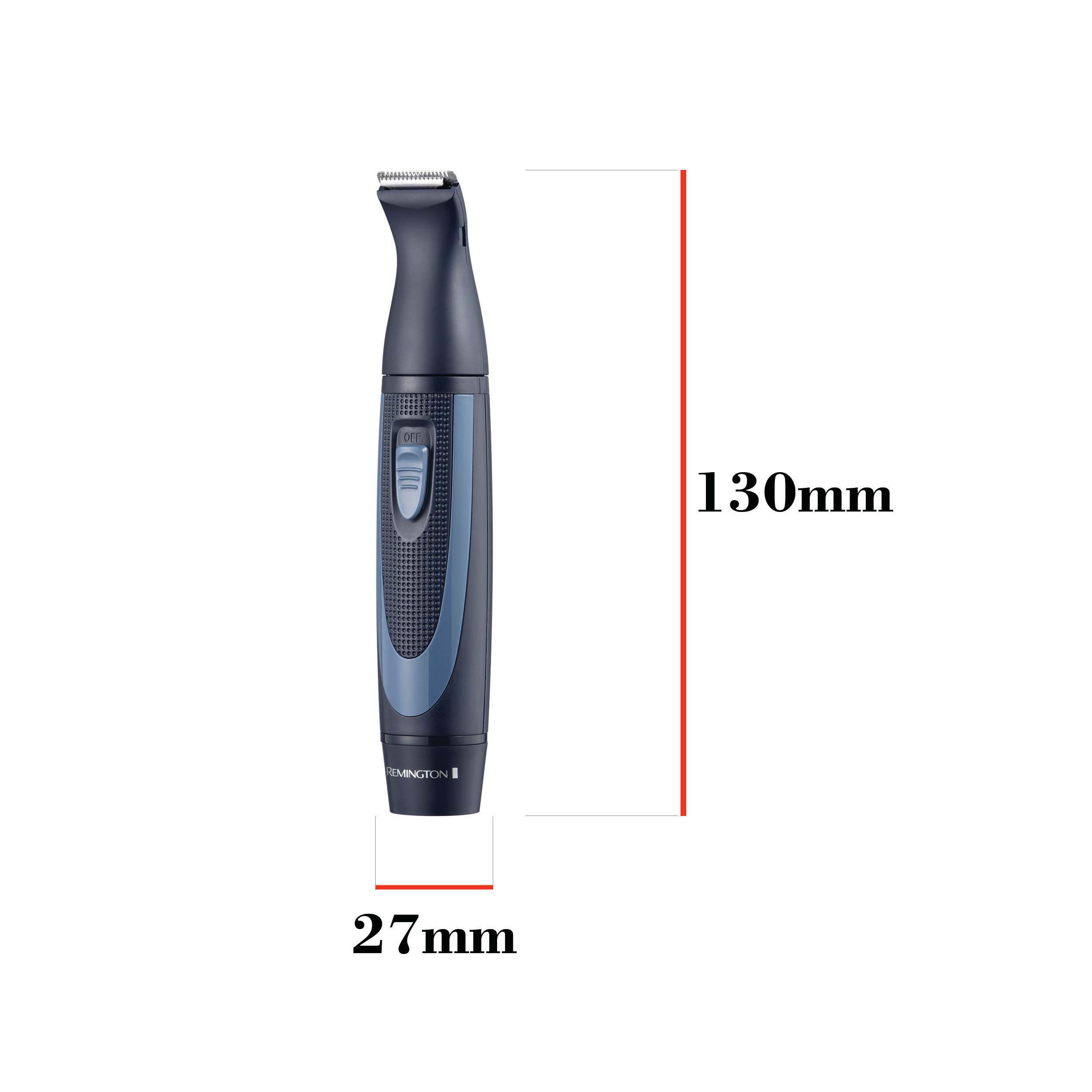 Tondeuse Remington noire et bleue avec dimensions: 27mm et 130mm, fond blanc.