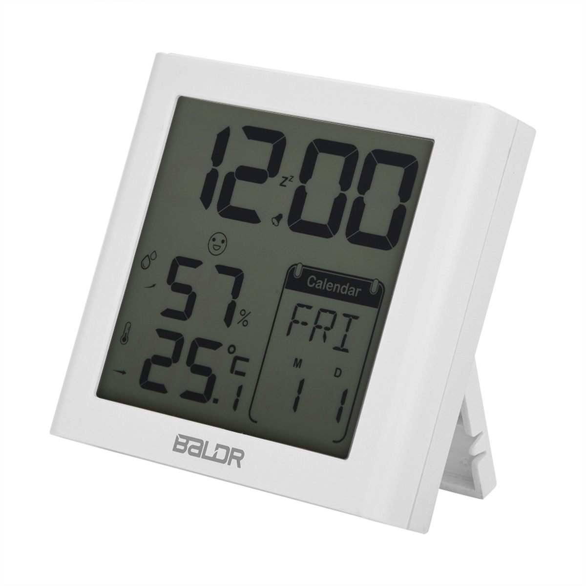 Weiße Digitaluhr, die 12:00 Uhr anzeigt. Sie zeigt Temperatur, Luftfeuchtigkeit und Kalender an. Sie hat einen weißen Ständer.