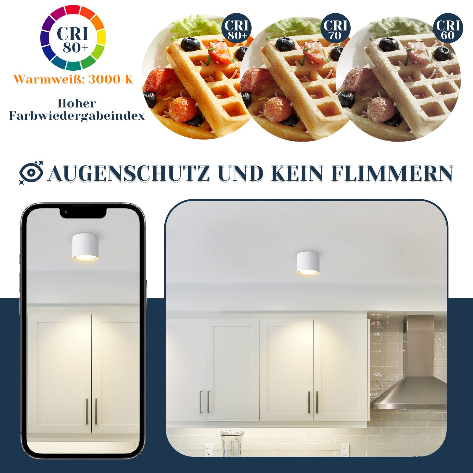 Luci con diverse temperature colore. Waffle con condimenti in tre luci diverse.