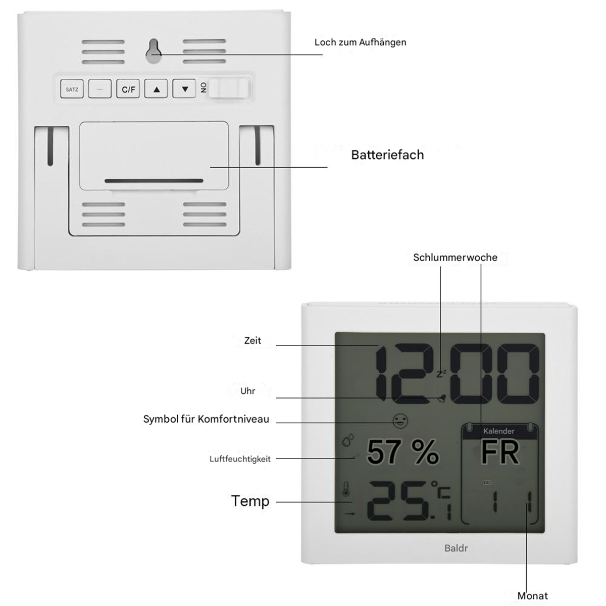 Weiße Digitaluhr mit Temperatur, Luftfeuchtigkeit und Kalender, mit Anmerkungen.