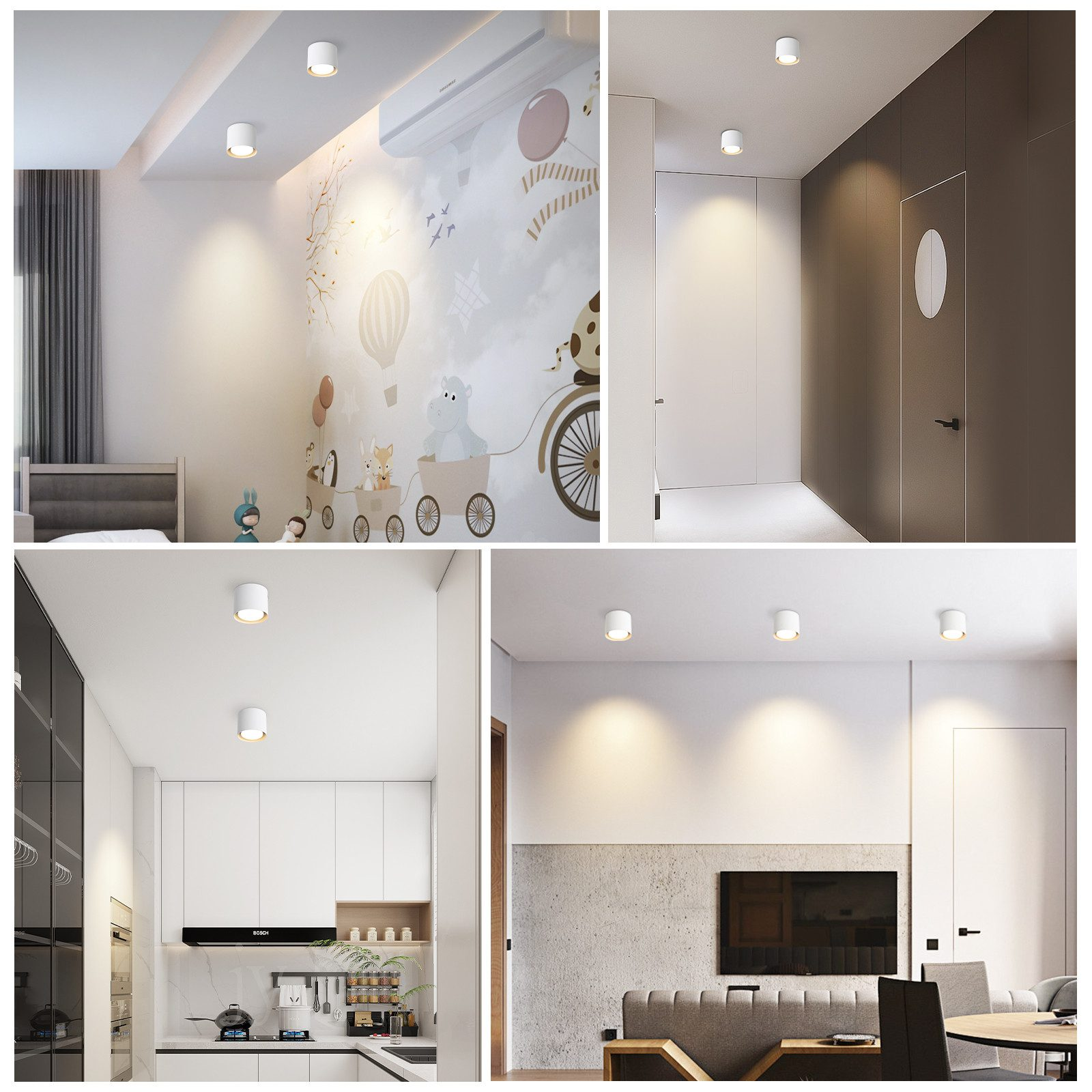 Immagini multiple di lampade da soffitto bianche. Le luci sono rotonde e installate in varie stanze. Le stanze hanno stili diversi.