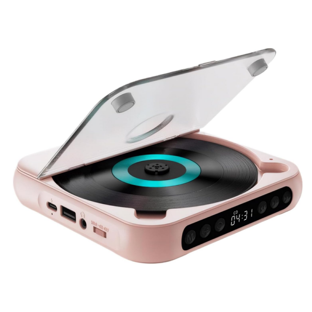 Ein rosa tragbarer CD-Player mit offenem Deckel, der eine schwarze Schallplatte zeigt.