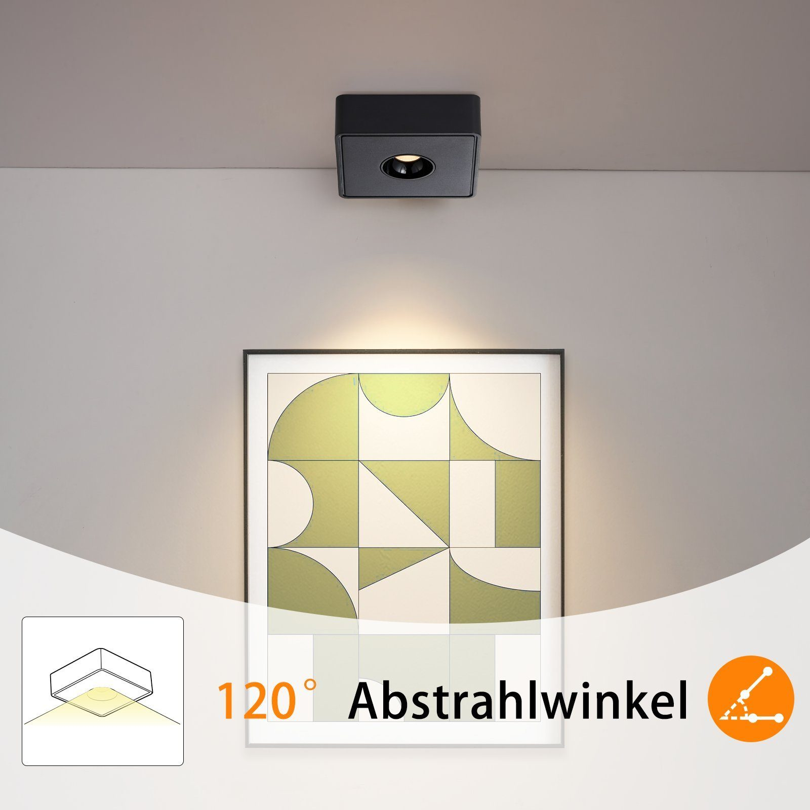 Un apparecchio di illuminazione a soffitto nero che illumina un'immagine incorniciata sulla parete, mostrando un angolo di 120°.