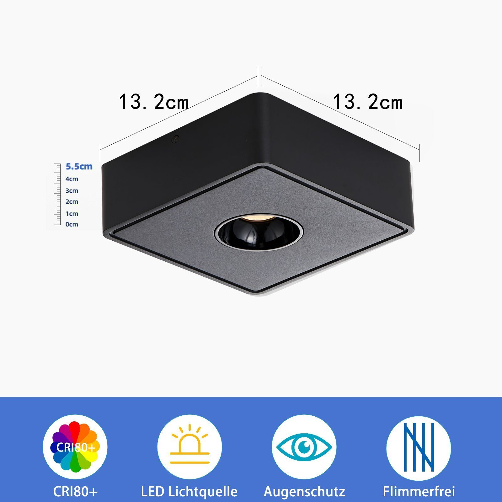 Apparecchio a LED quadrato nero con misure. Icone sottostanti: CRI80+, sorgente luminosa a LED, protezione degli occhi e senza sfarfallio.
