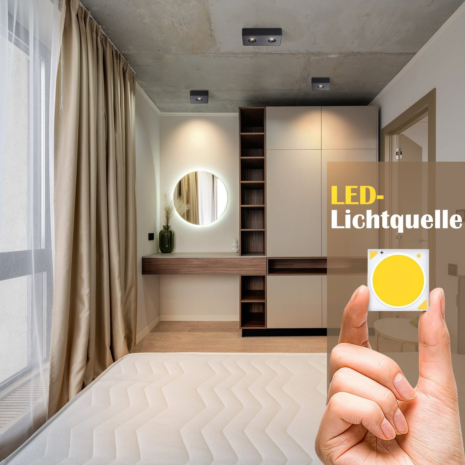 Una camera da letto moderna, con un letto e una mano che tiene una sorgente luminosa a LED gialla.