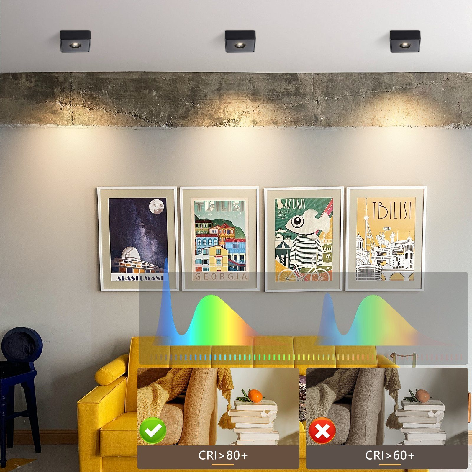 Quattro luci a soffitto sopra un divano giallo. Poster di città appesi al muro. Etichette CRI presenti.