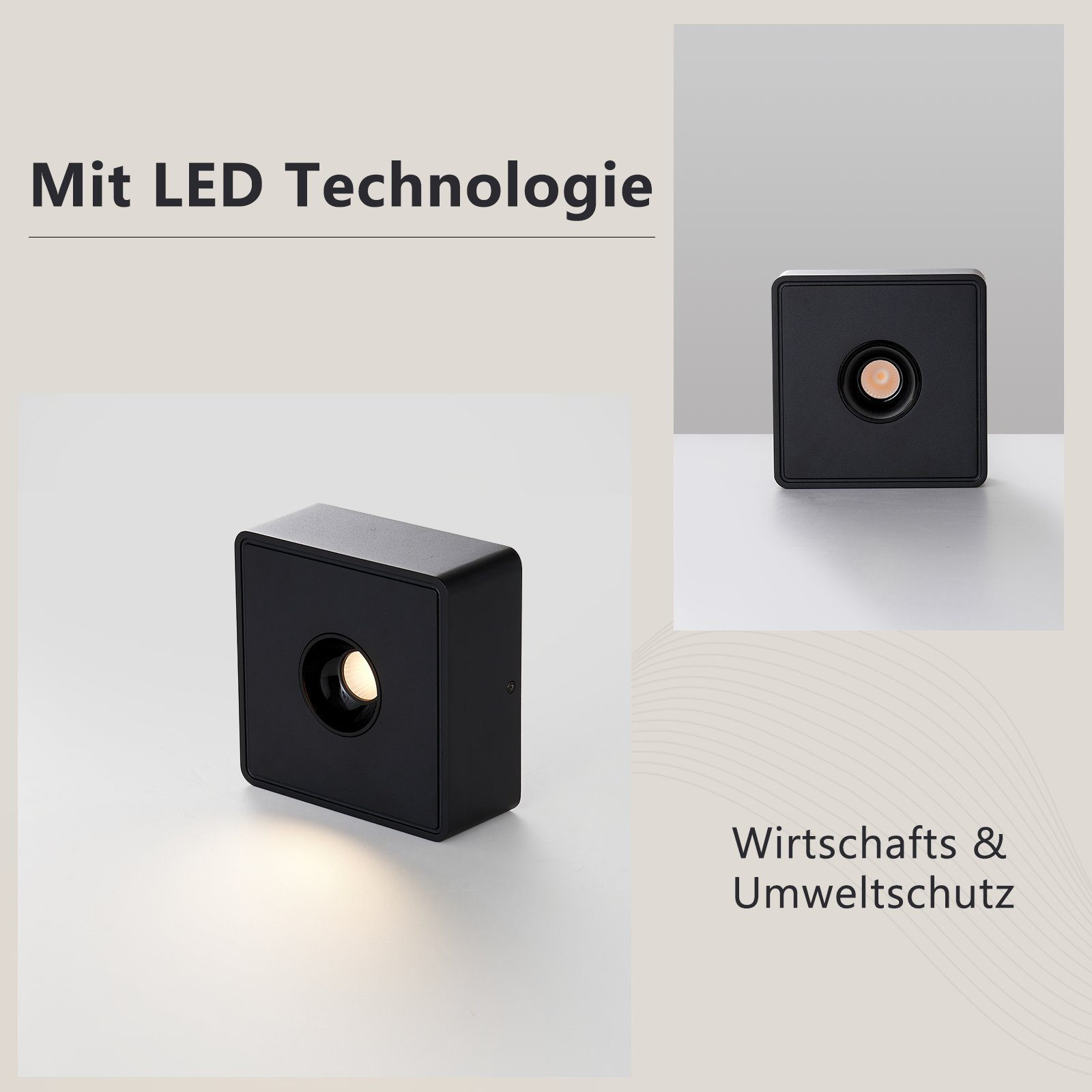 Due luci quadrate nere. Una è accesa. L'immagine mostra il prodotto con testo sulla tecnologia LED.