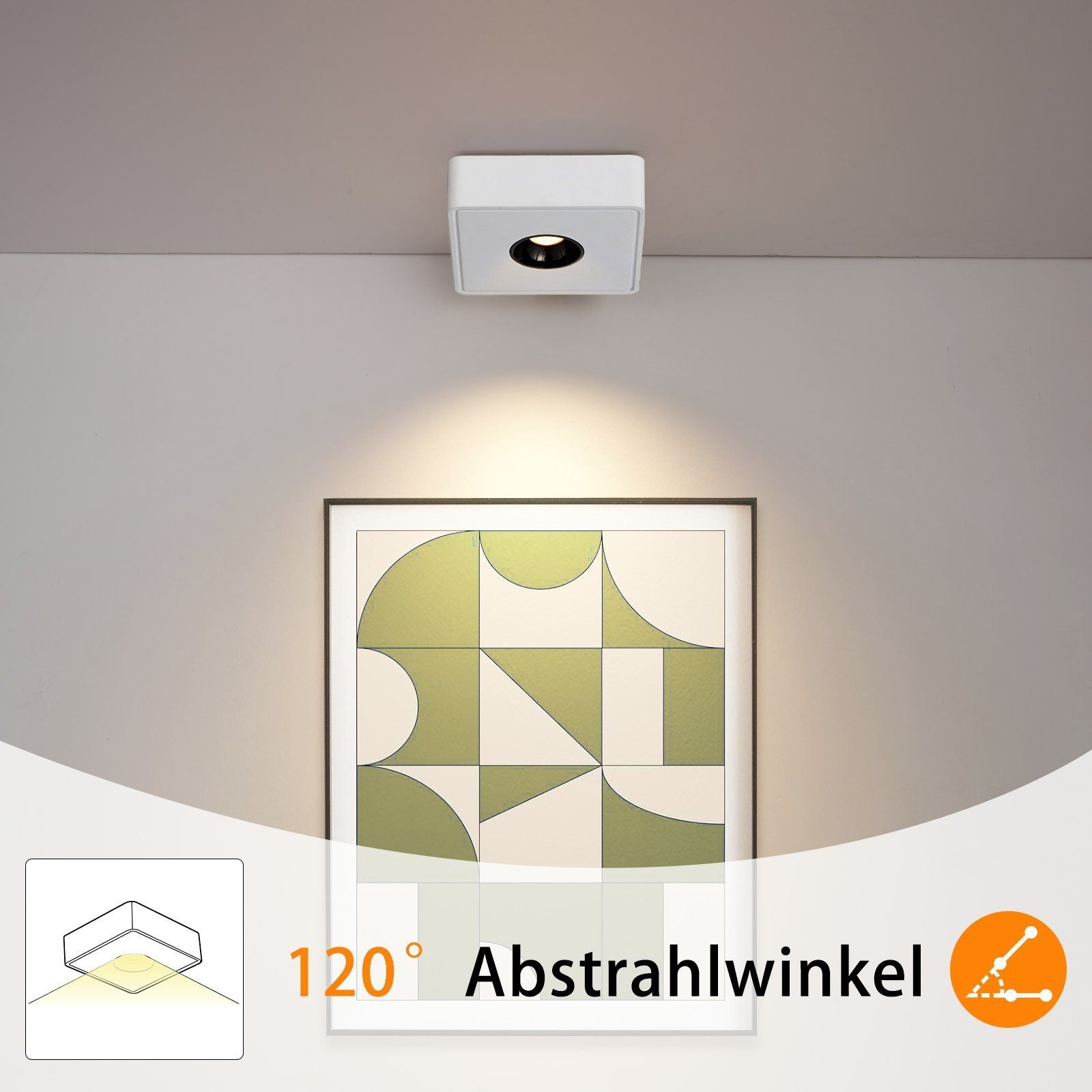 Biała kwadratowa lampa sufitowa z małym źródłem światła. Obraz jest w tle.