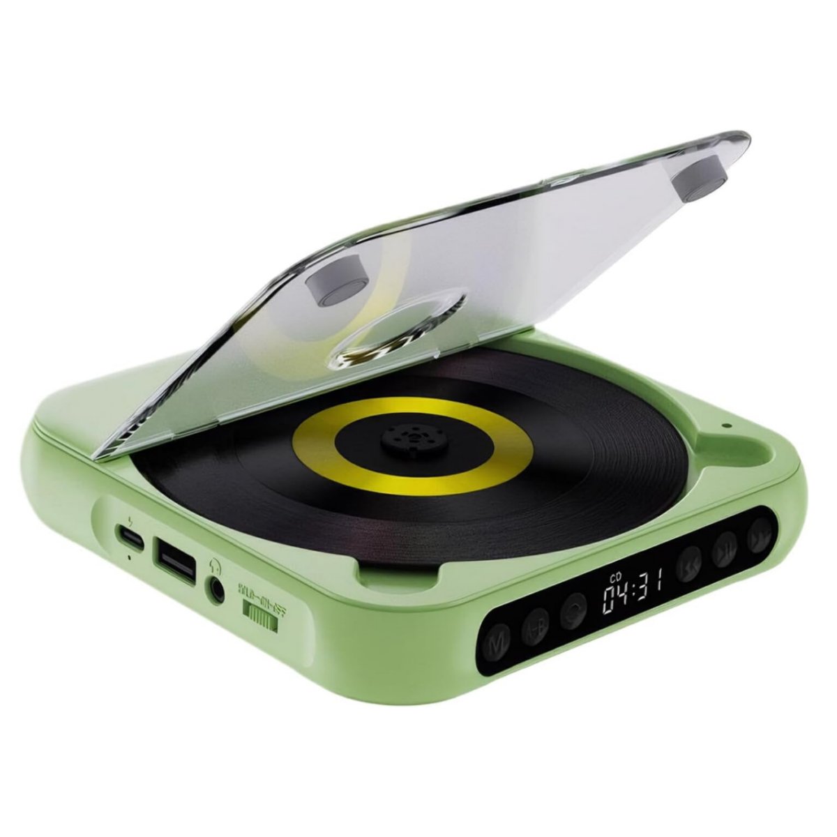 Grüner und weißer CD-Player mit offenem Deckel und Digitalanzeige auf weißem Hintergrund.