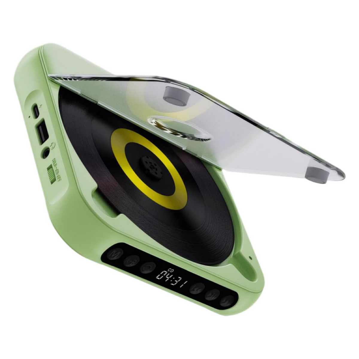 Ein grüner tragbarer CD-Player, geöffnet, um eine CD und Bedienelemente zu zeigen.