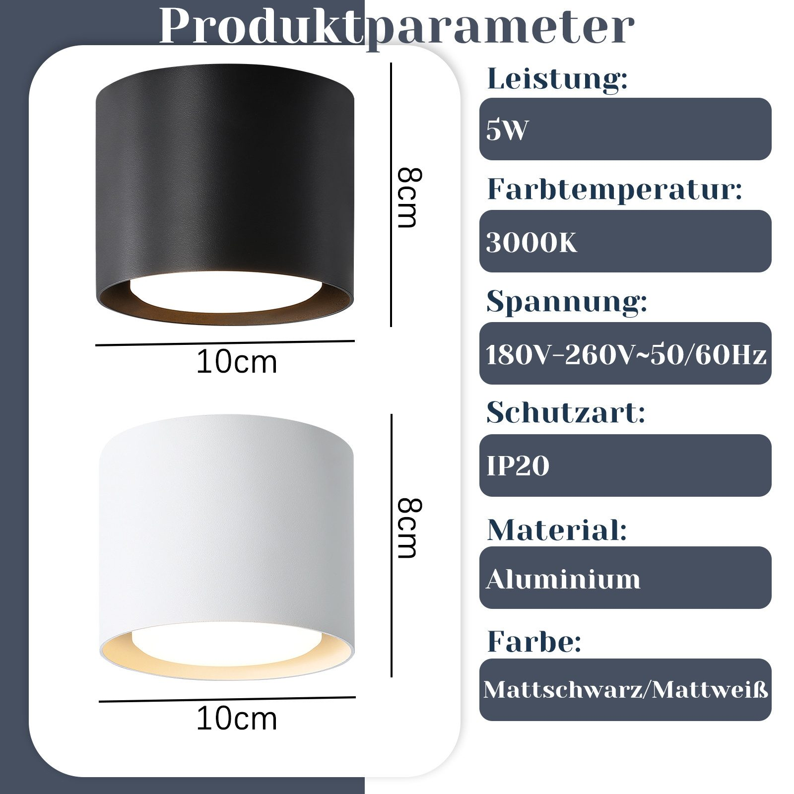 Due lampade cilindriche nere e bianche. Ciascuna larga 10 cm, alta 8 cm. Dettagli del prodotto mostrati.