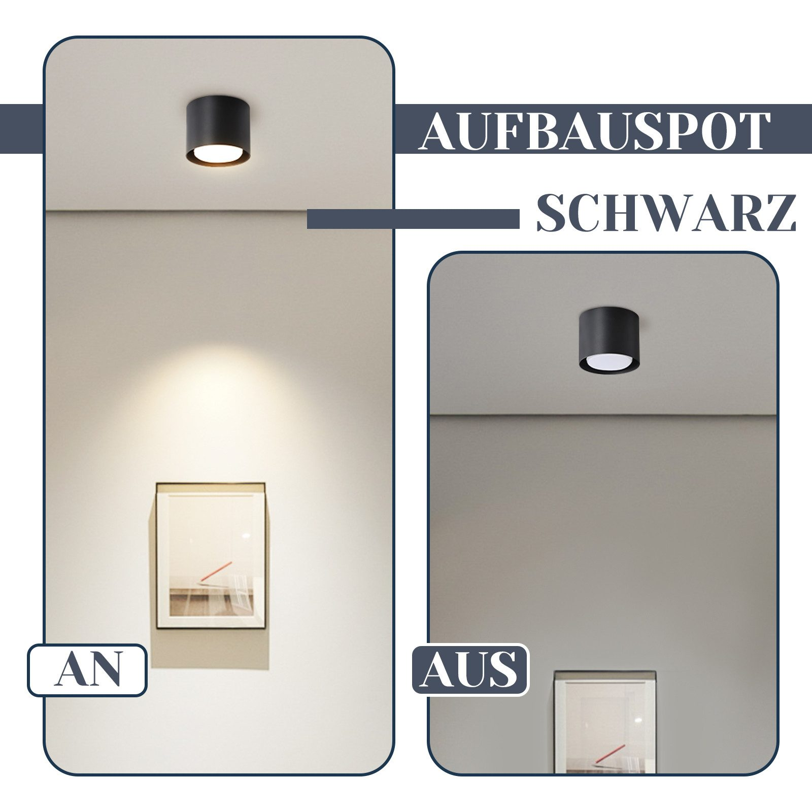 Due immagini: una luce da soffitto nera accesa e spenta. Testo: 'Aufbauspot Schwarz'.