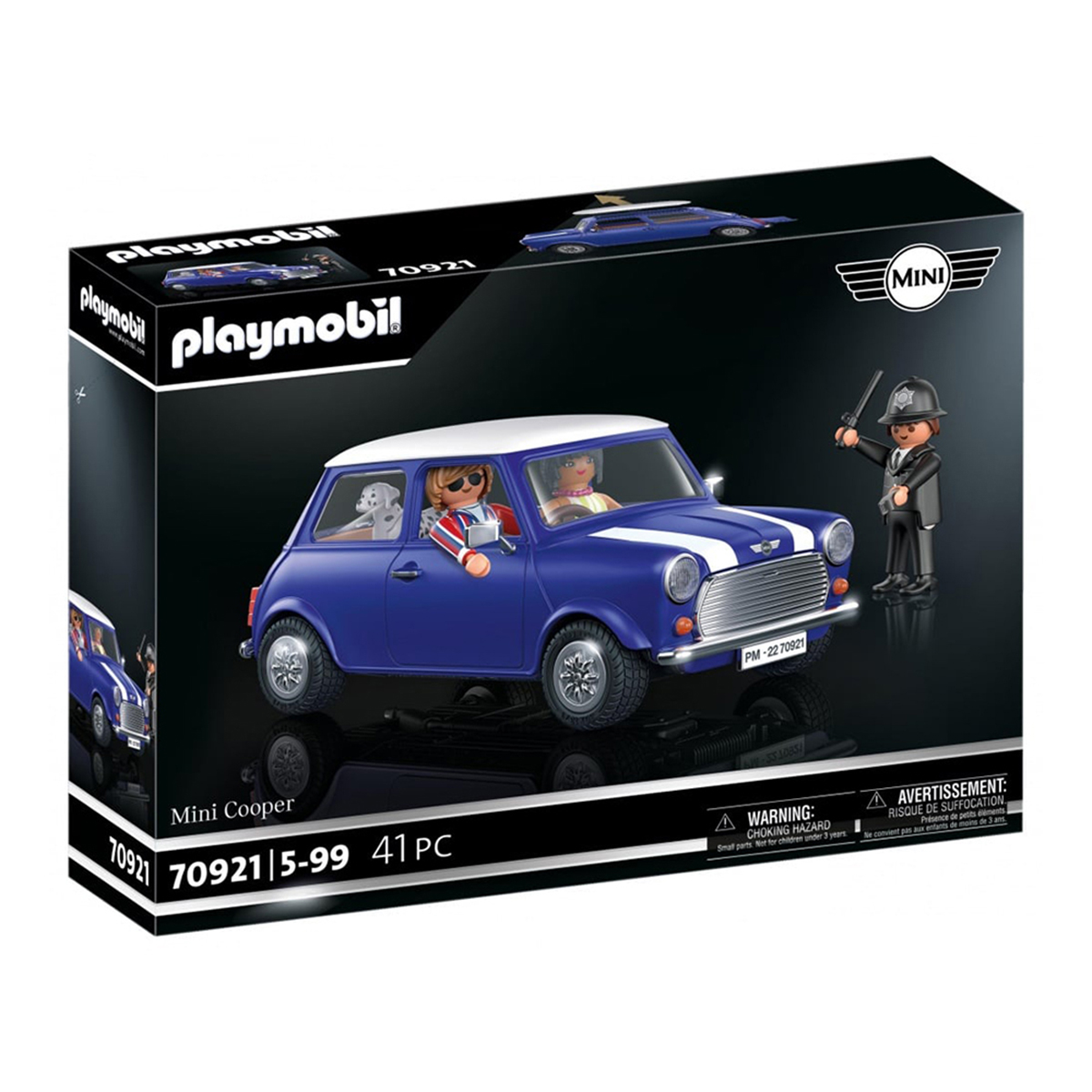 Zabawkowe auto Playmobil Mini Cooper w pudełku. Zawiera auto, figurki i etykiety ostrzegawcze.