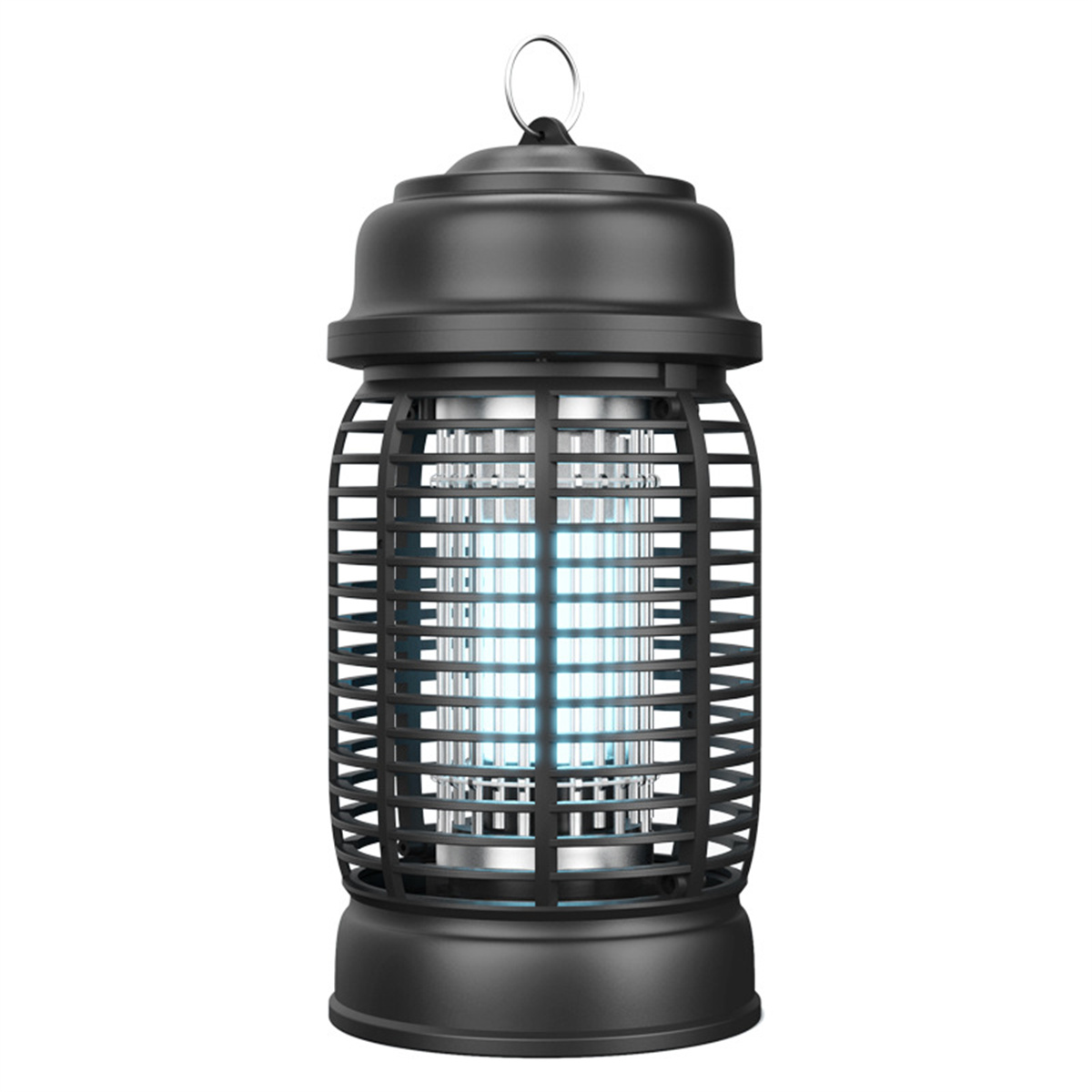 Schwarzer Insektenvernichter mit blauem Licht und Käfigdesign. Ein Metallring oben.