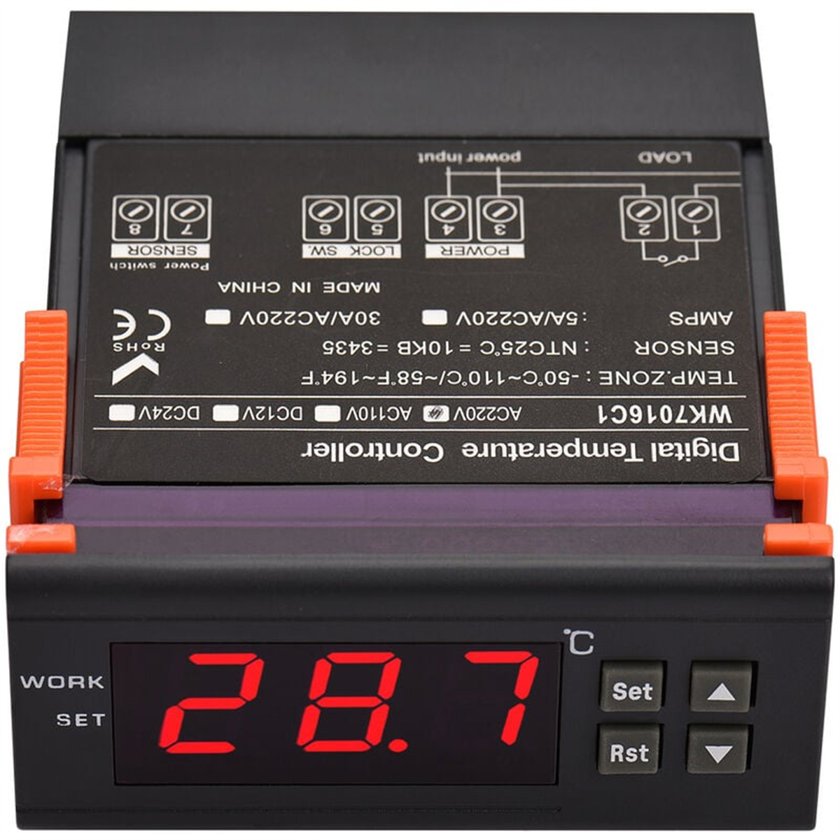 Digitaler Temperaturregler mit roter Anzeige. Tasten und Anschlüsse sind sichtbar. Schwarz und orange.