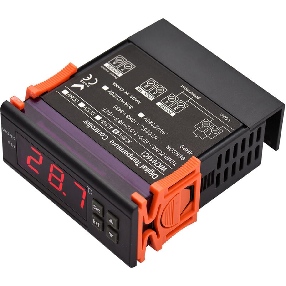 Ein digitaler Temperaturregler. Er ist schwarz mit orangefarbenen Akzenten und roter Digitalanzeige.