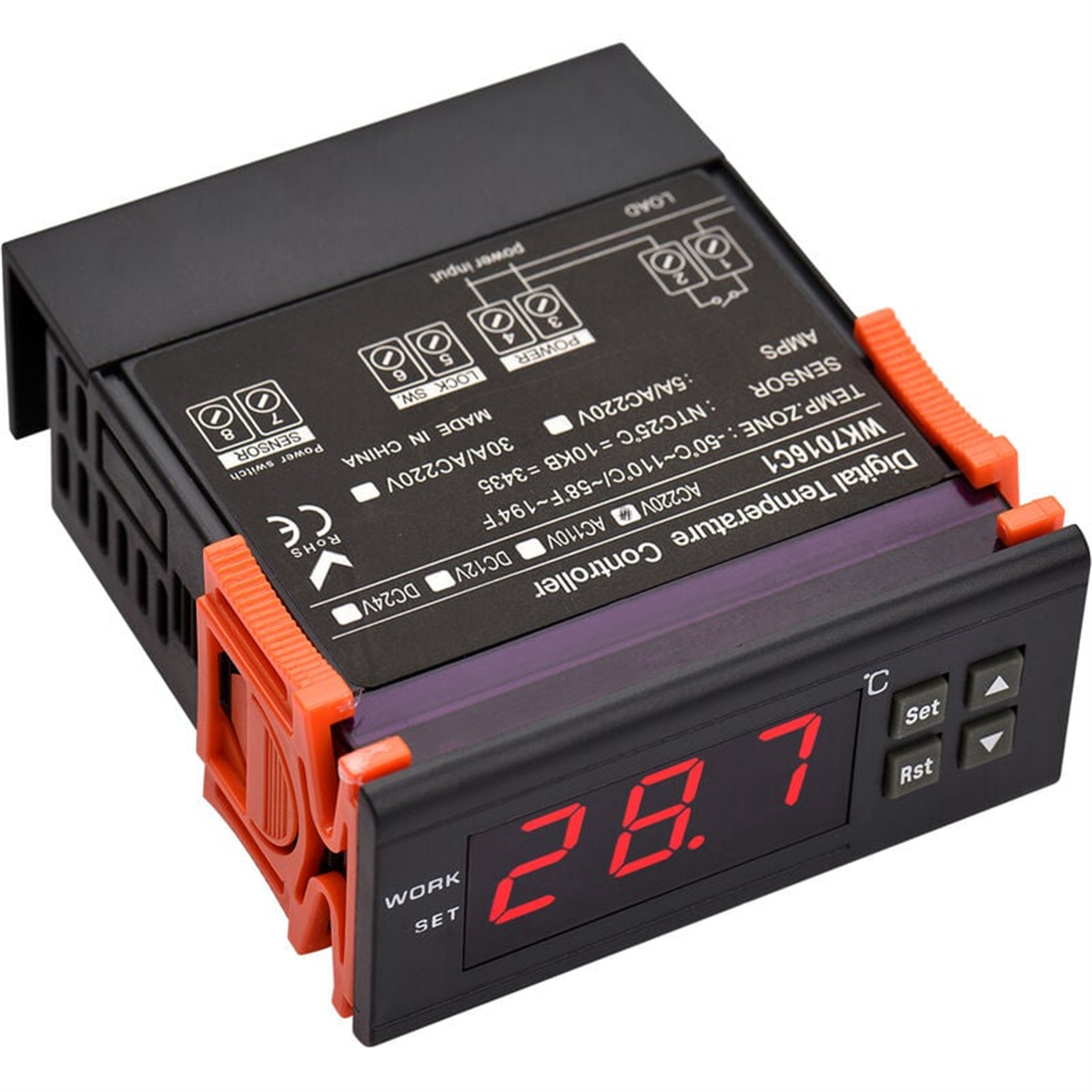 Digitaler Temperaturregler mit roter Anzeige und orangefarbenen Akzenten. Schwarzes Gehäuse.