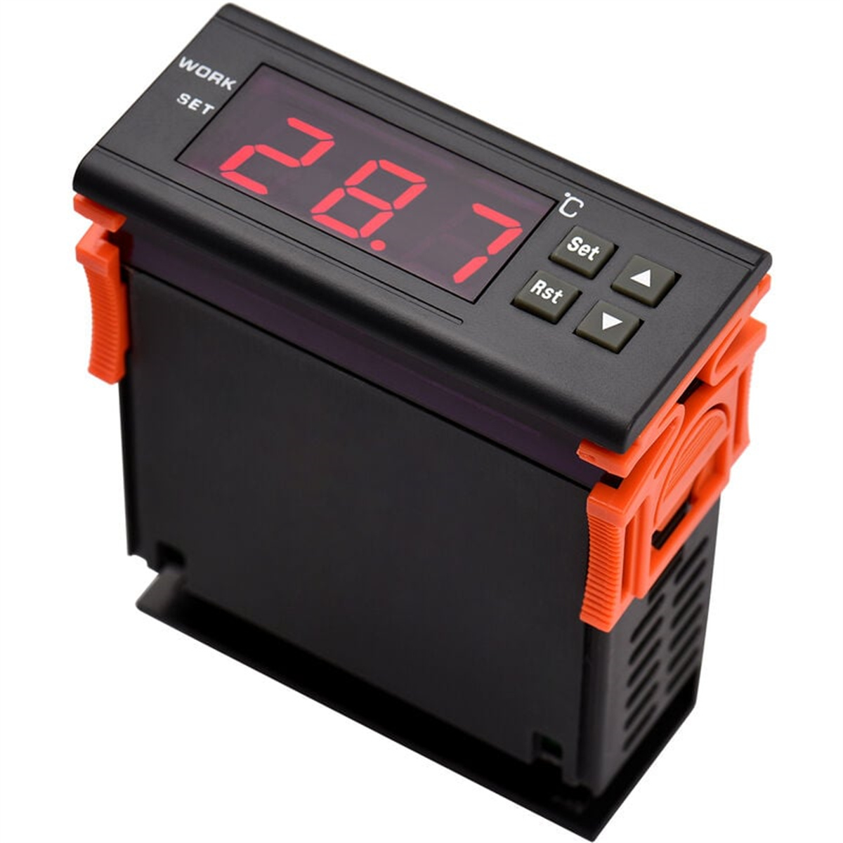 Ein schwarzer Temperaturregler mit roter Digitalanzeige, die 28,7 Grad Celsius anzeigt.