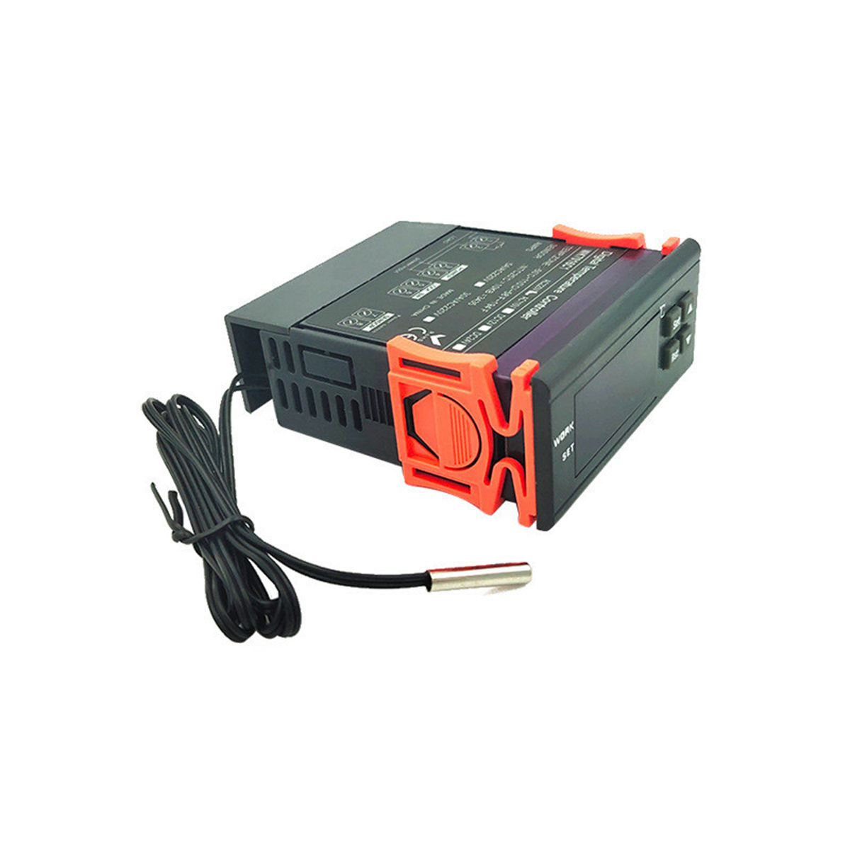 Schwarzer und oranger digitaler Temperaturregler mit Sensor und schwarzem Kabel, auf weißem Hintergrund.