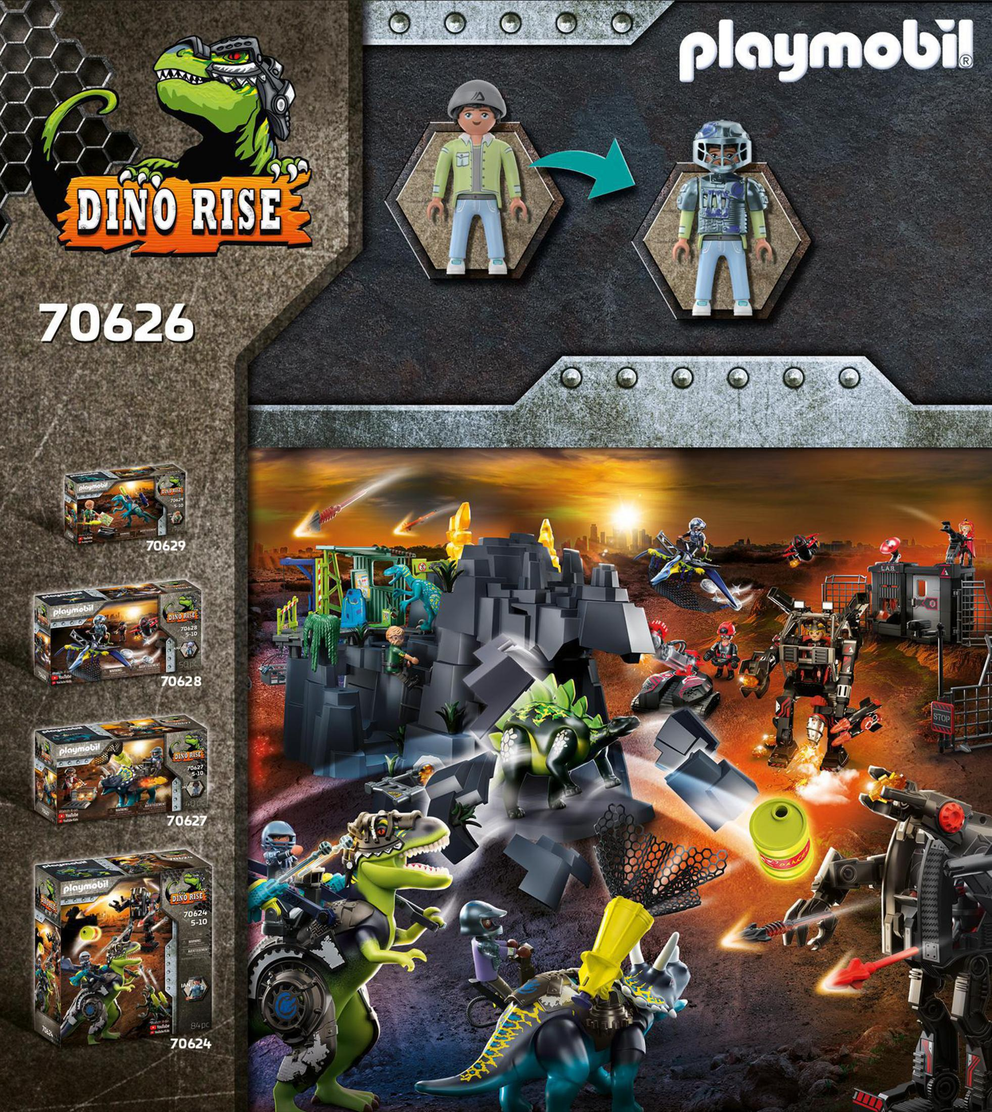 Zestaw pudełkowy Playmobil Dino Rise przedstawiający figurki i figurki dinozaurów.