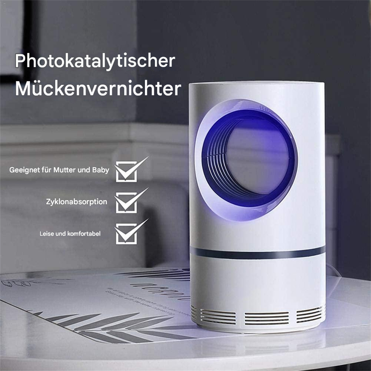 Ein weißer zylindrischer Mückenvernichter mit blauem Licht wird mit Häkchen-Symbolen und Text dargestellt.