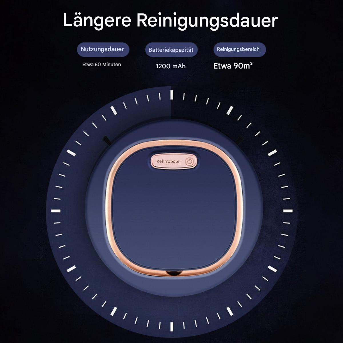 Blauer und goldener Roboter-Staubsauger mit Zeitanzeige und Batteriekapazität.