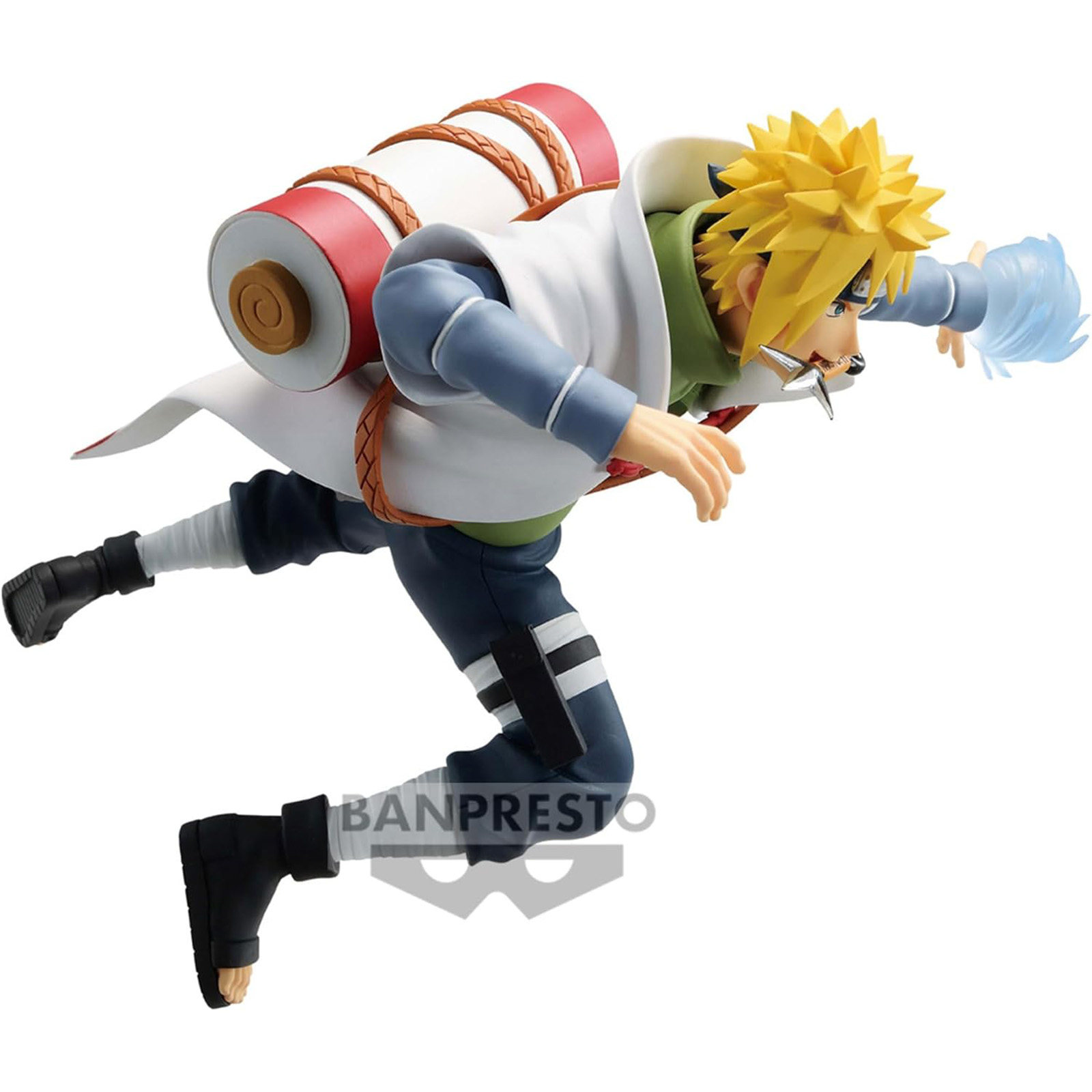 Figura de acción de personaje de anime, cabello amarillo, abrigo blanco, acentos azules, pose dinámica.