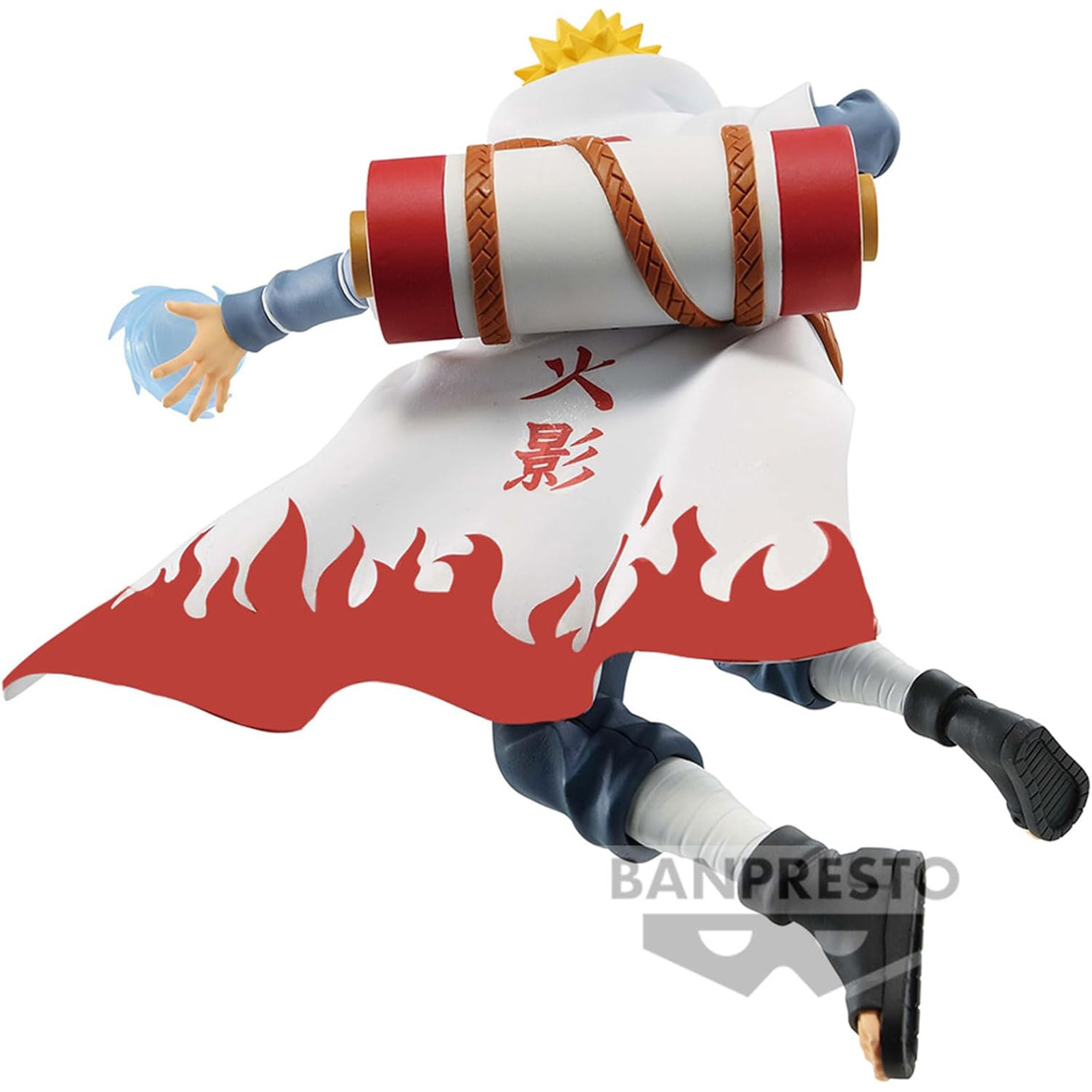Figura de Naruto en pose dinámica, con una túnica blanca con llamas rojas y kanji.