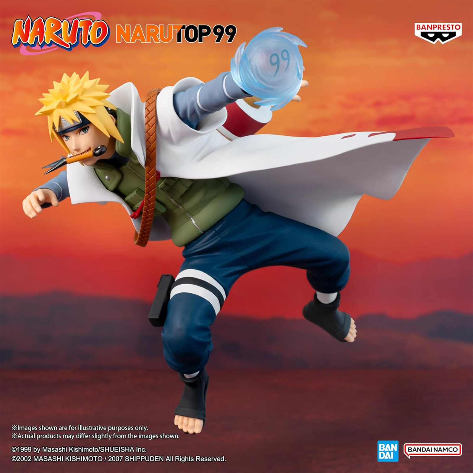 Figura de Naruto sosteniendo una bola de energía azul. Puesta de sol roja y naranja en el fondo.