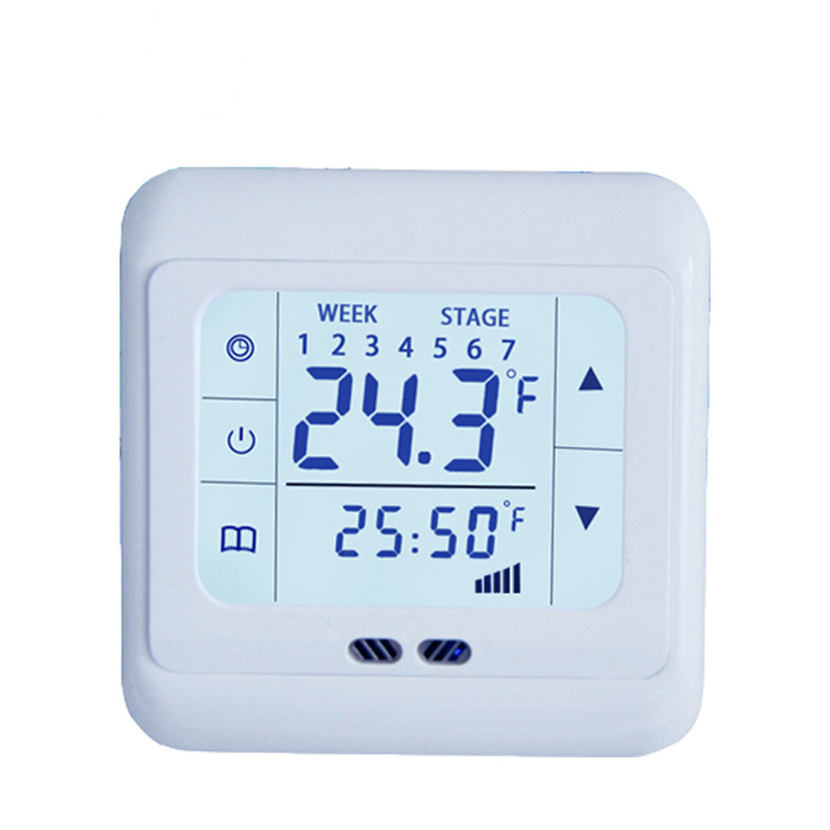 Ein weißes digitales Thermostat, das Temperatur und Uhrzeit anzeigt.
